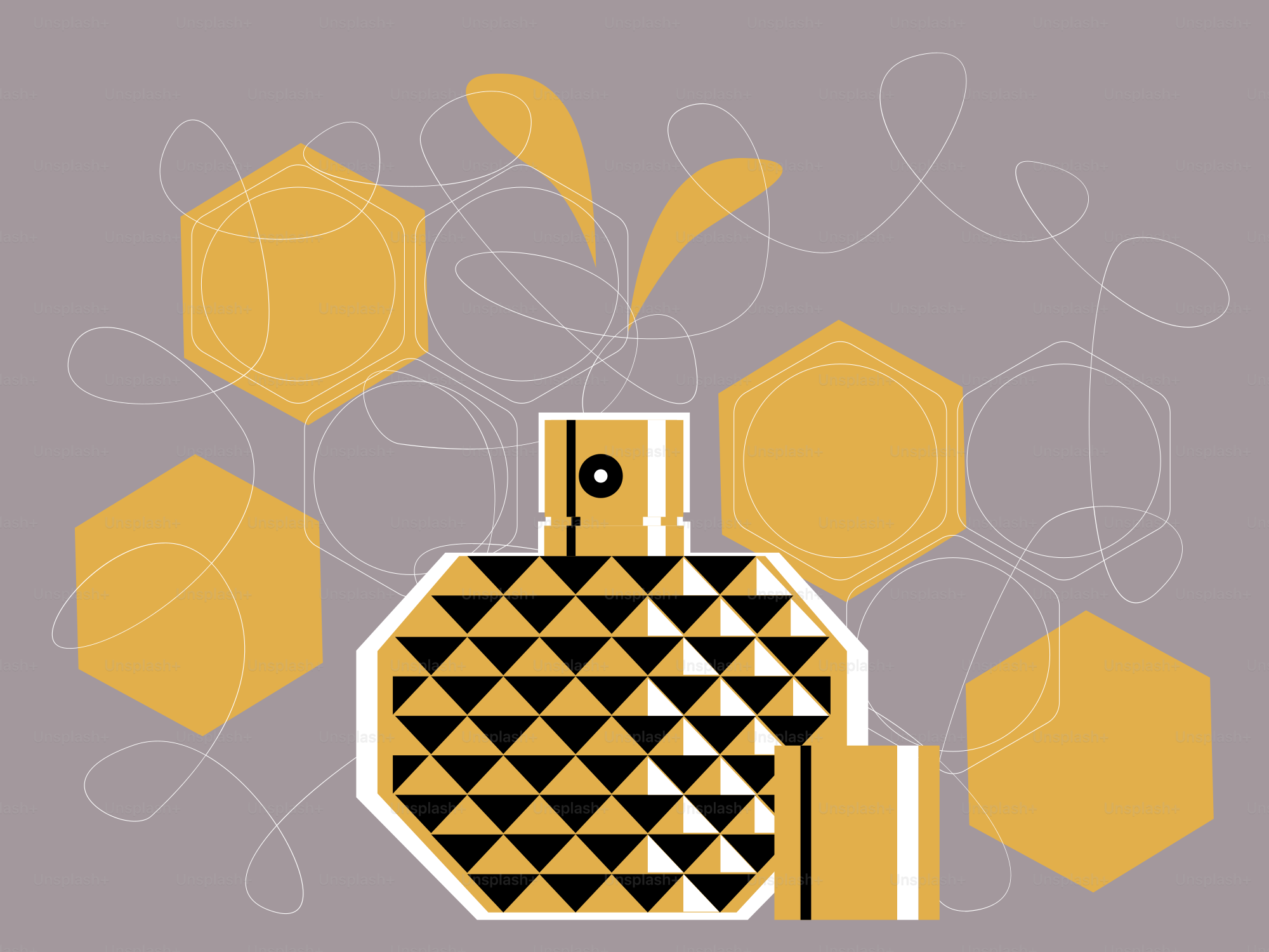 Perfume bottle with abstract geometric shapes and organic shapes.