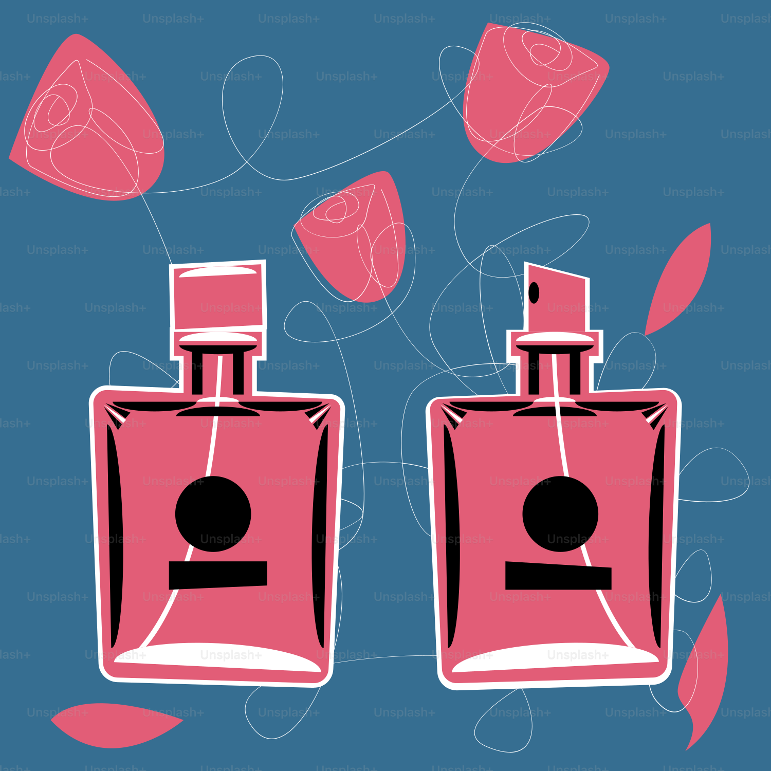Two pink perfume bottles with roses and leaves