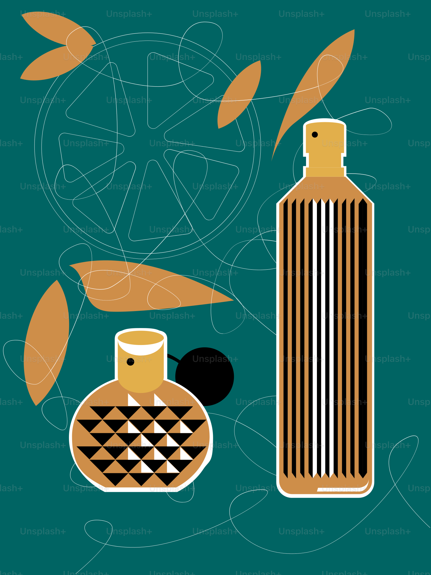 Two perfume bottles with abstract design elements