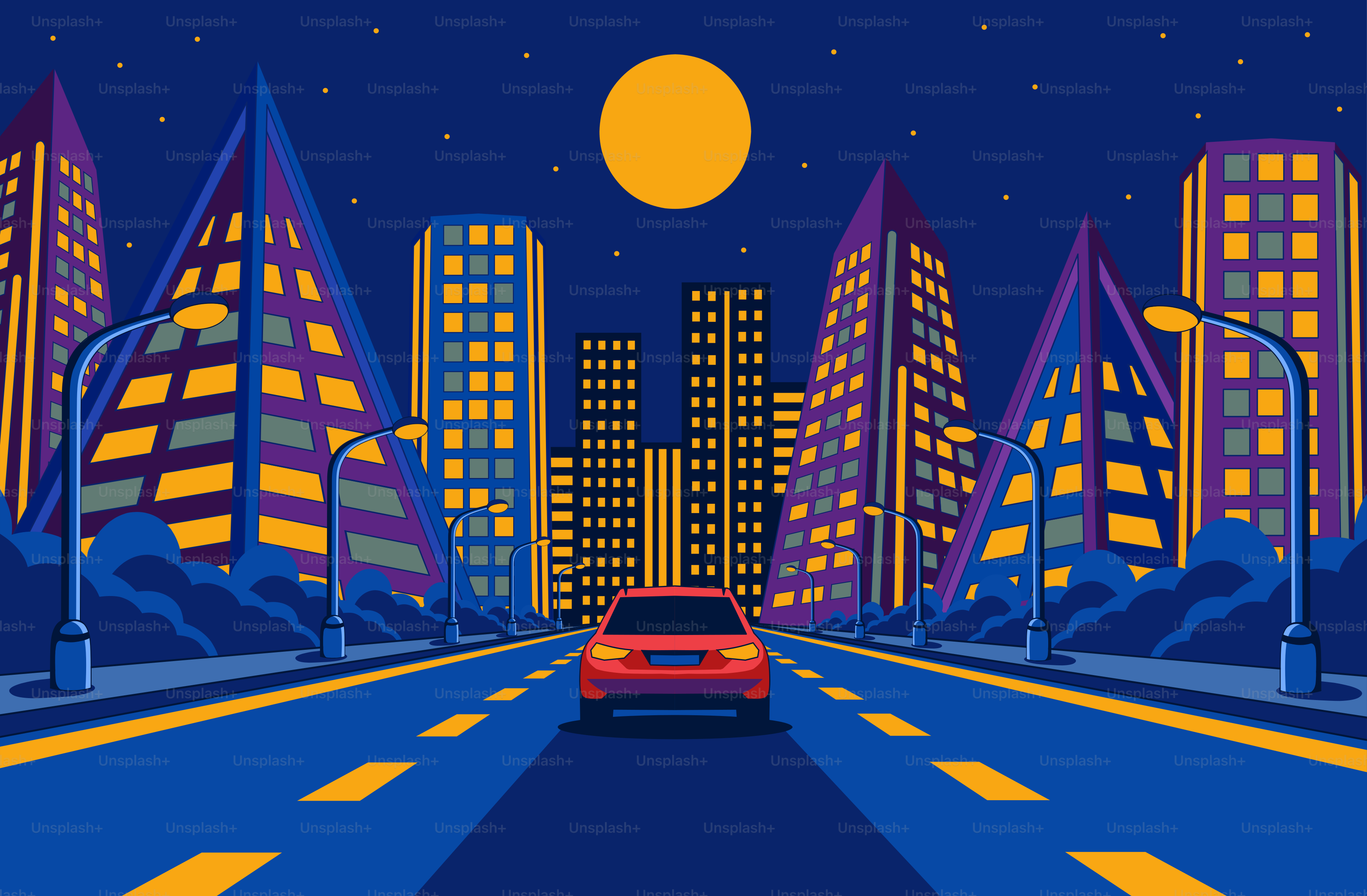 Auto rossa che attraversa una città futuristica di notte