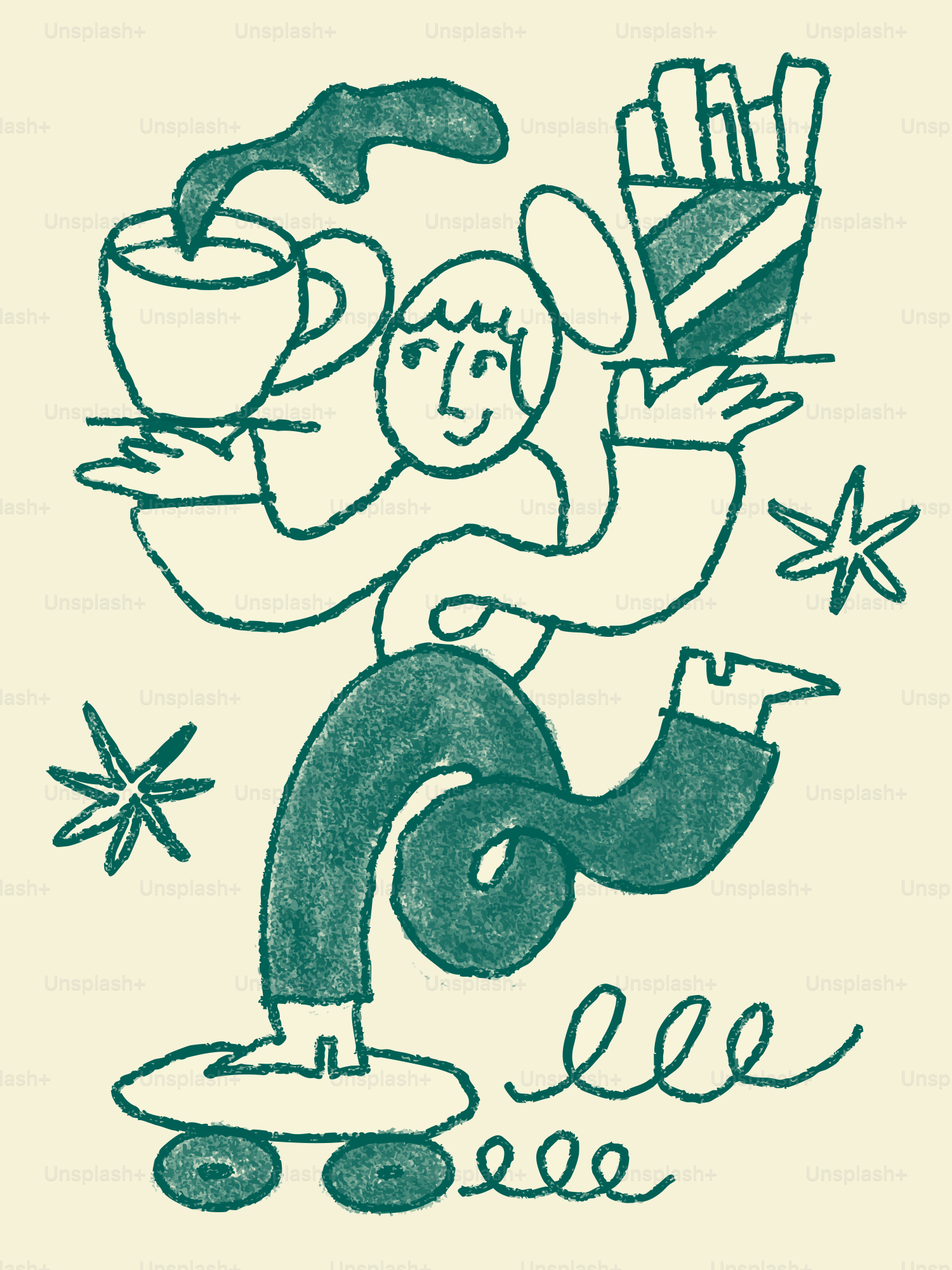 Person on skateboard carrying coffee and fries