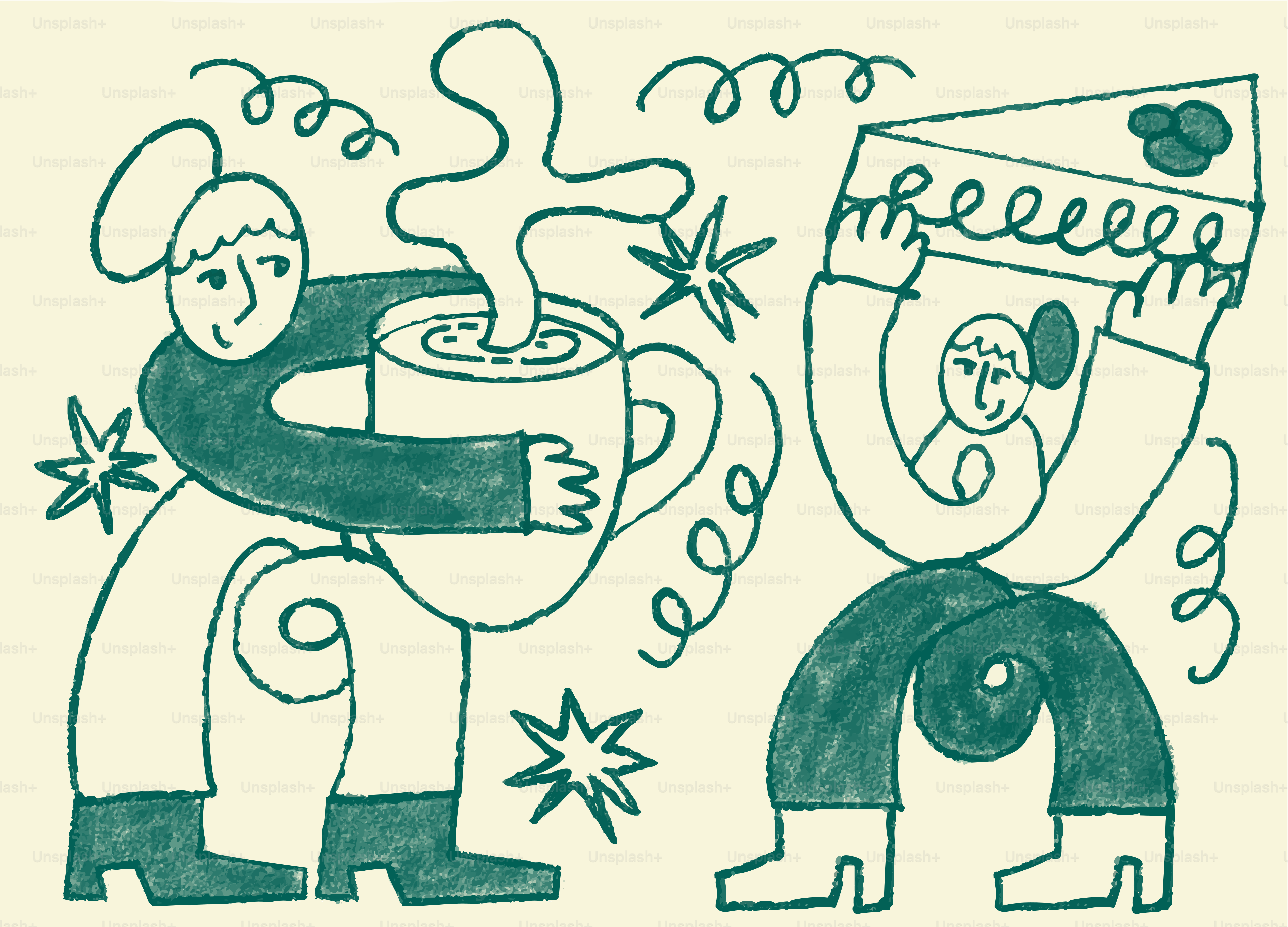 Two people holding a large coffee cup and cake slice.