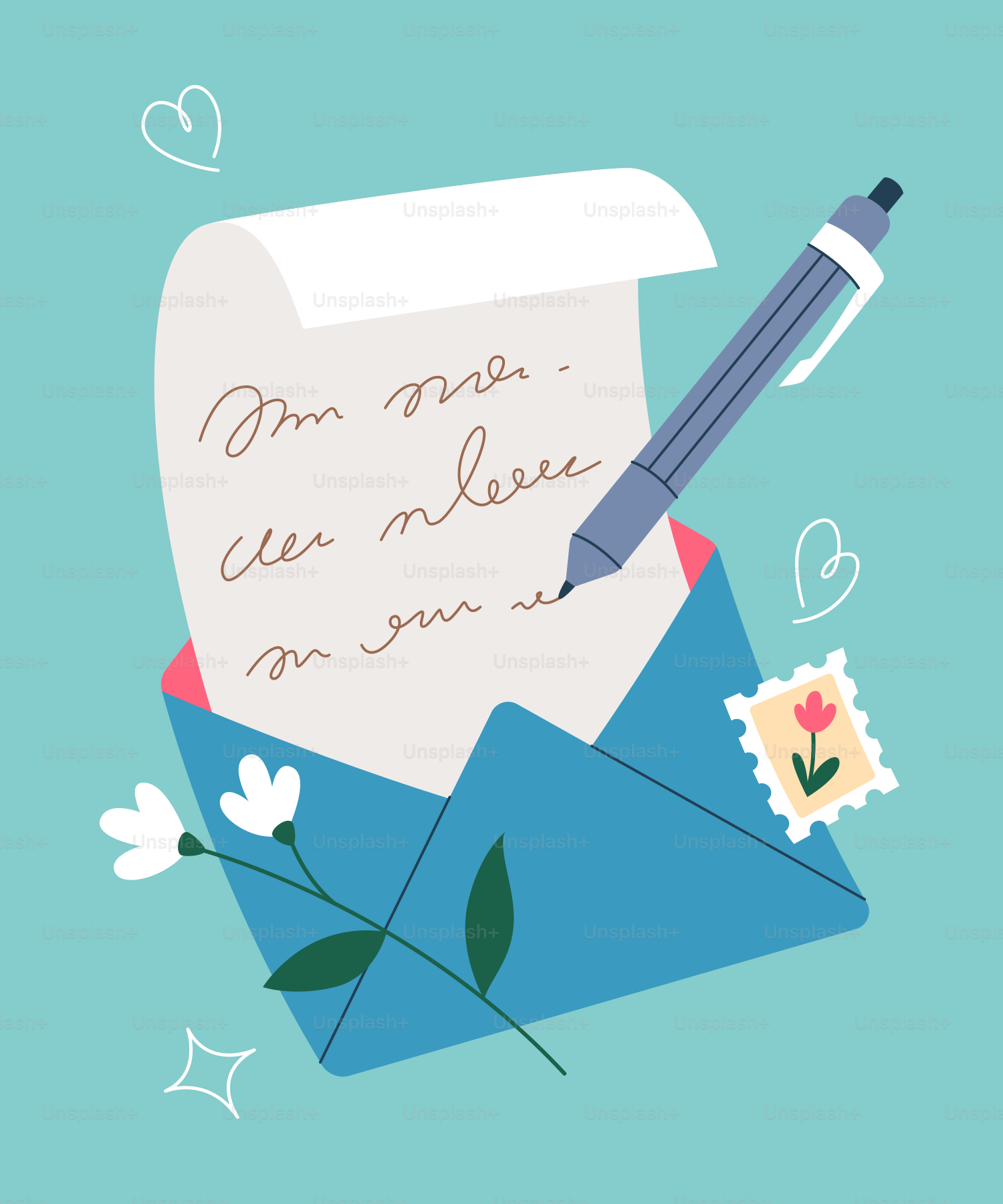 Um envelope azul com uma carta e uma caneta