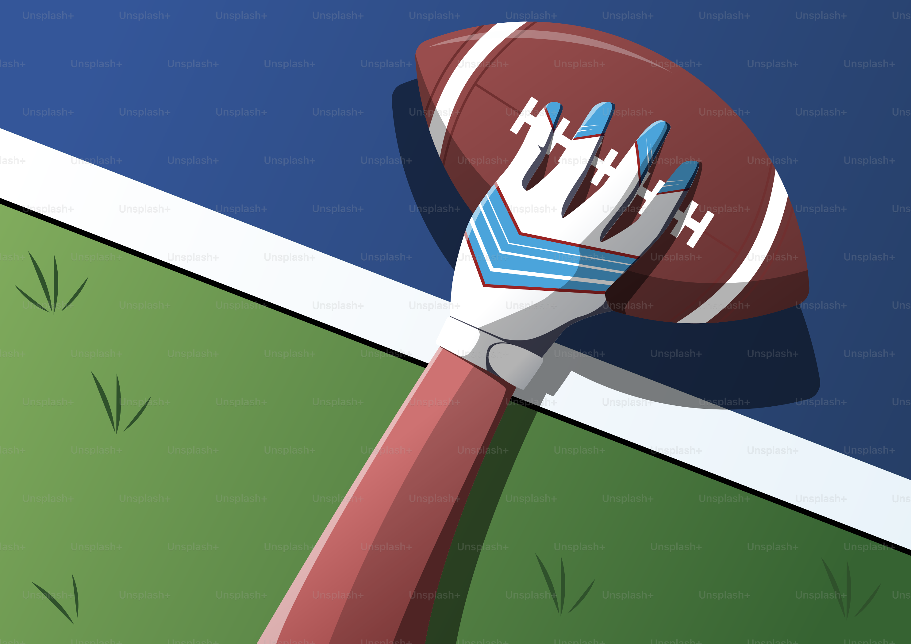 Cogiéndose de la mano al fútbol americano en el campo verde.