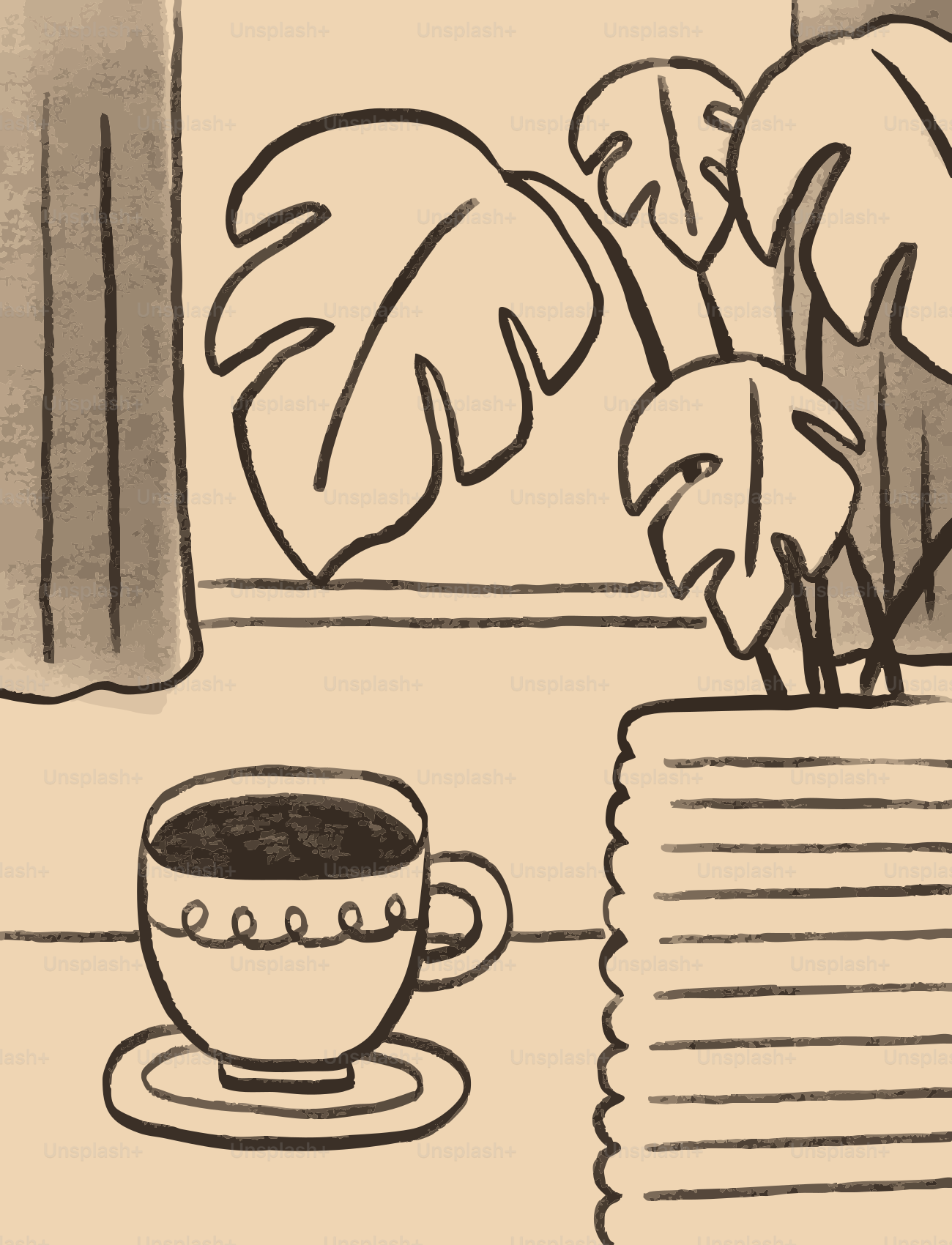 A cup of coffee next to a potted plant.