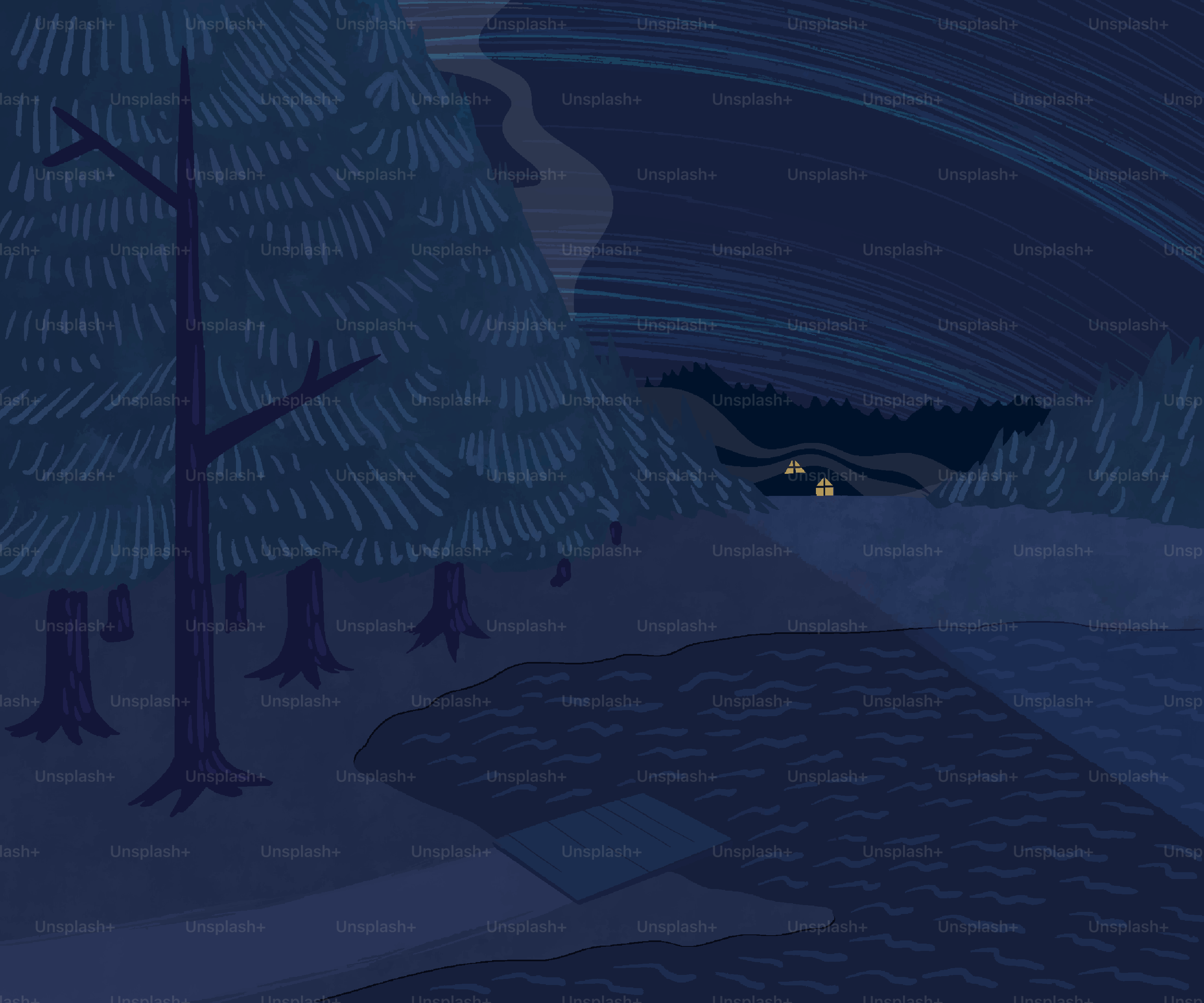 Dunkle Waldszene mit fernen, leuchtenden Fenstern