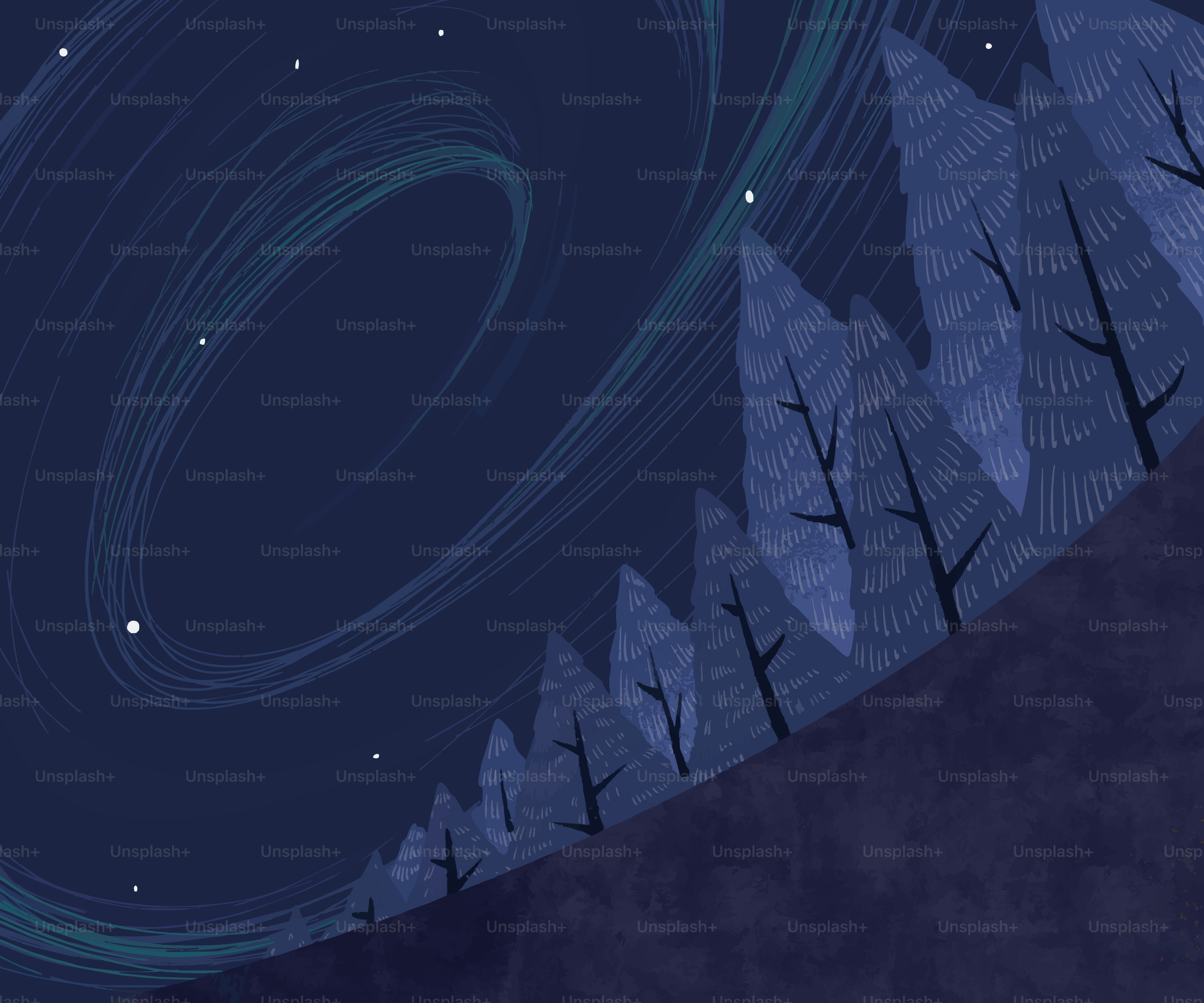 Alberi stilizzati sotto un cielo notturno vorticoso