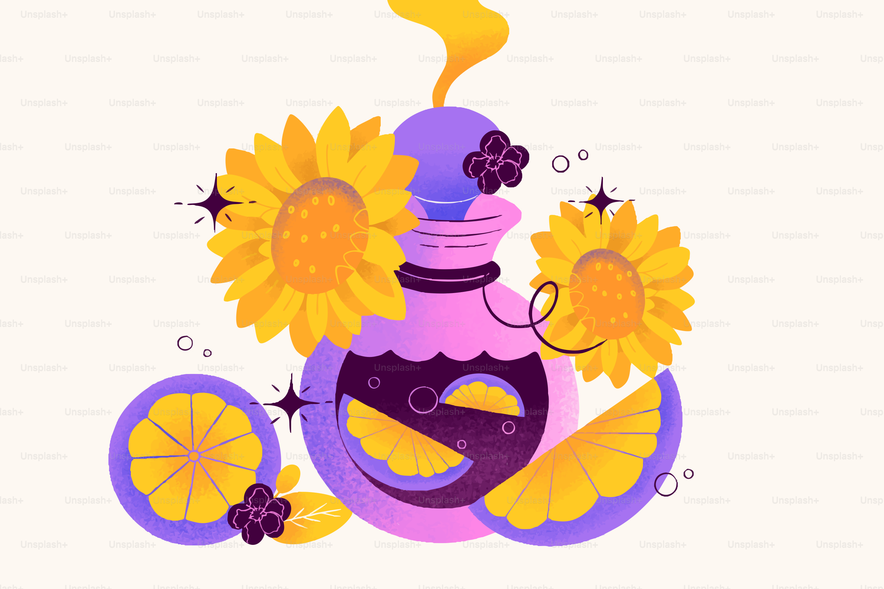 A purple potion bottle with sunflowers and citrus slices.