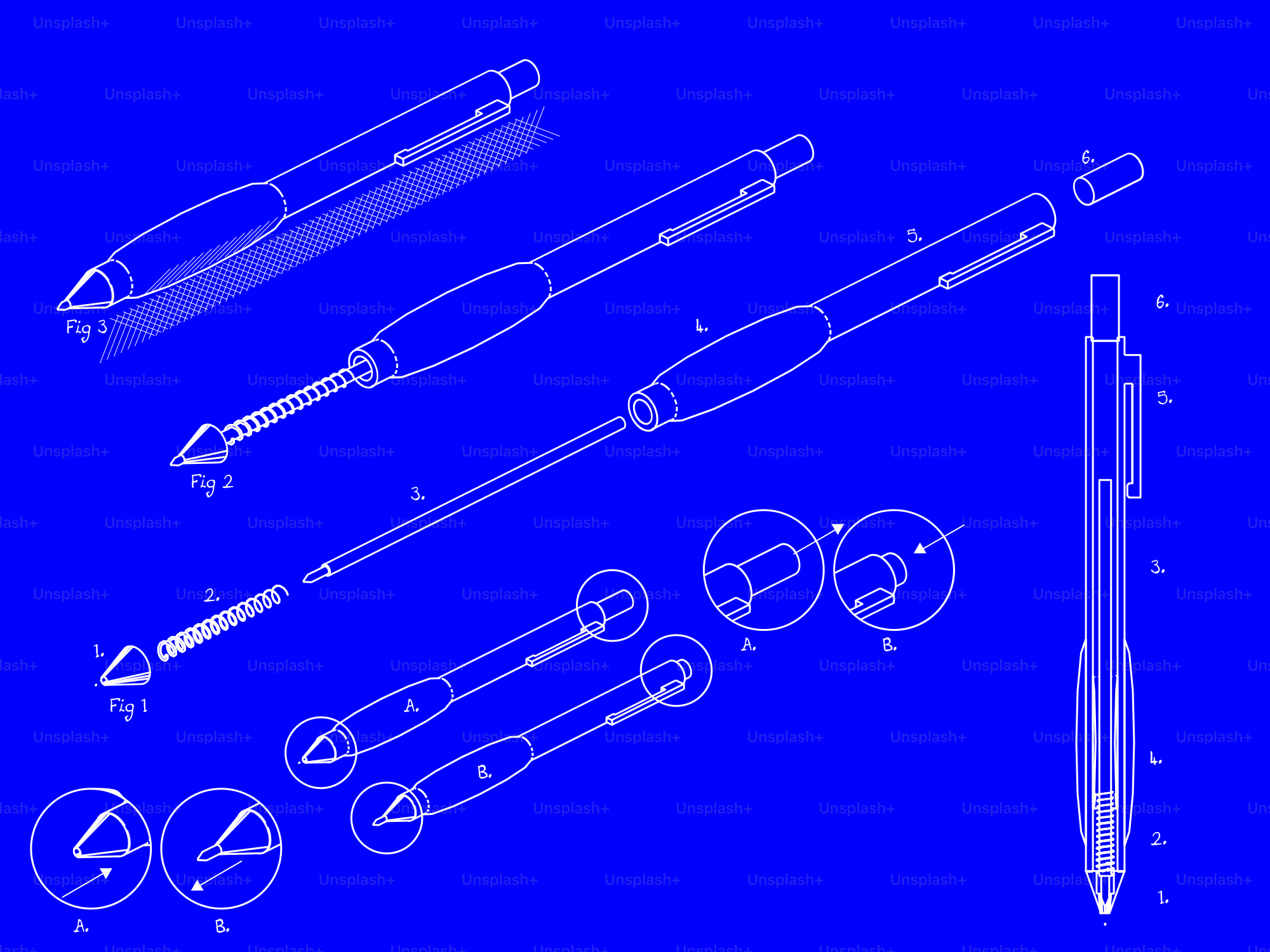 Exploded view diagram of a mechanical pencil on blue.