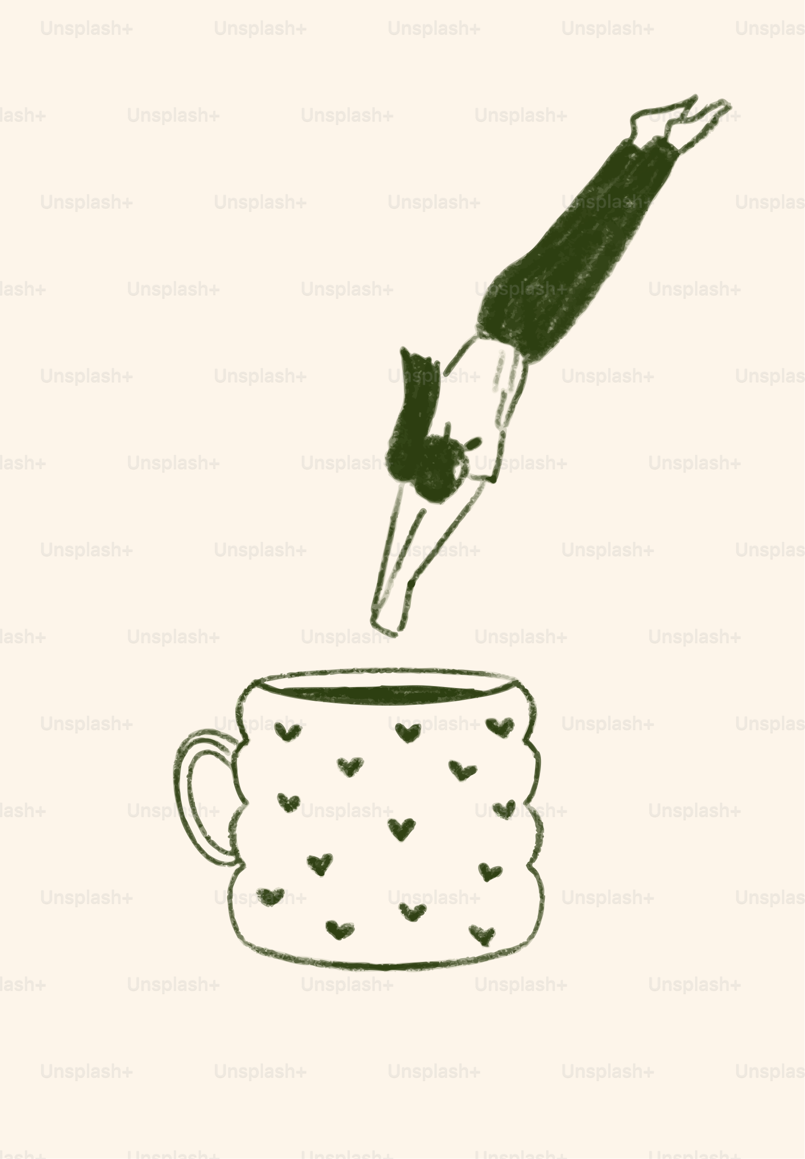 Person diving into a heart-patterned mug