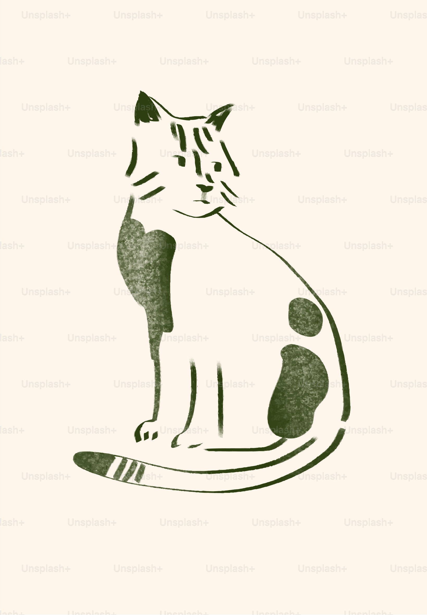 A stylized drawing of a green-and-white cat.