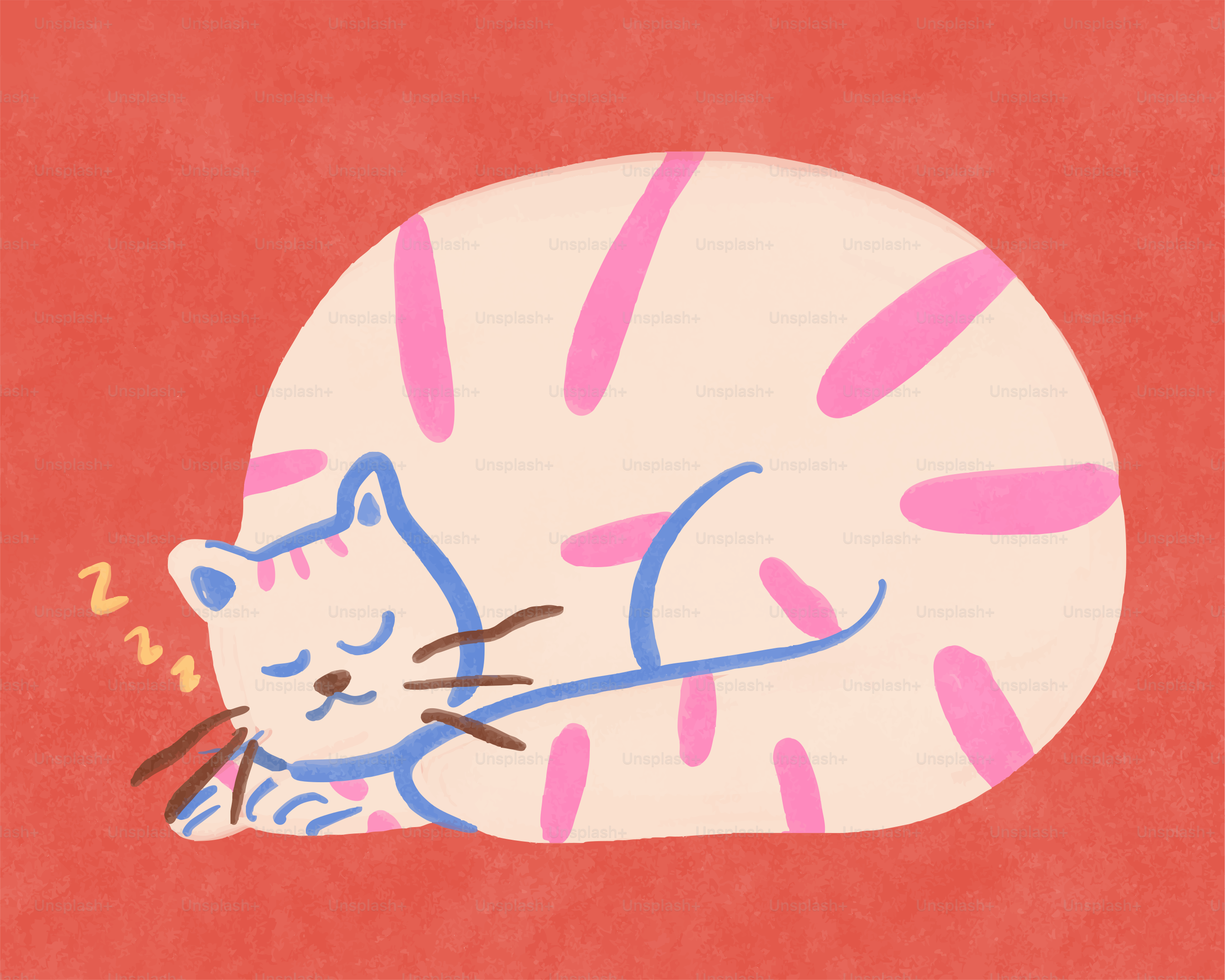 Eine schlafende Katze mit rosa und blauen Streifen.