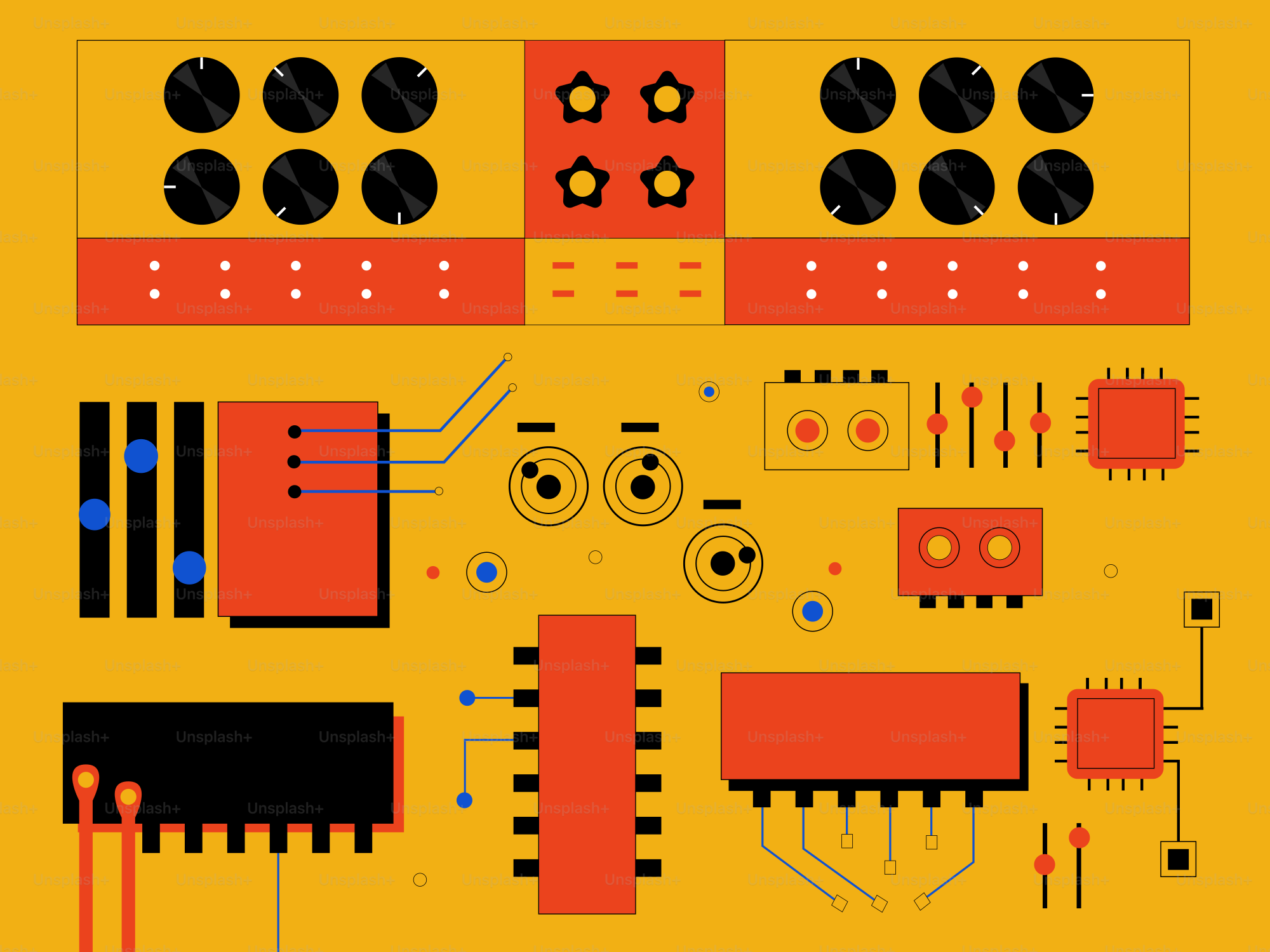 Abstract electronic circuit board with colorful components.
