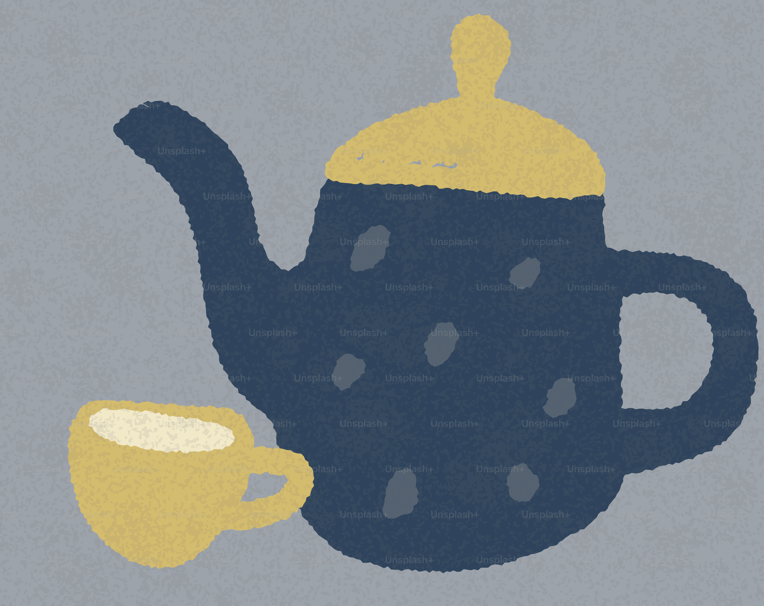 A blue teapot and yellow cup with polka dots.