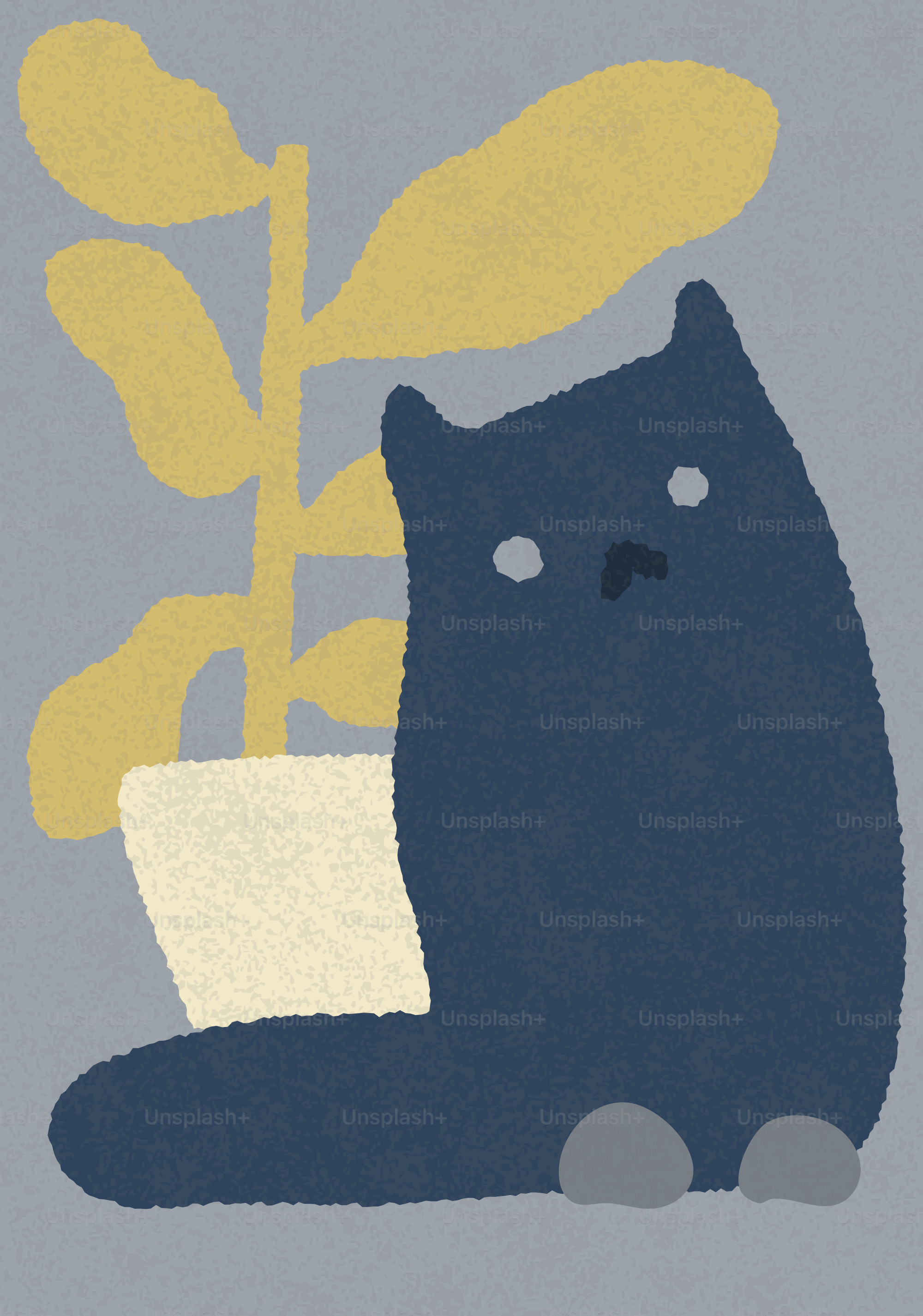 A dark blue cat sits next to a potted plant.