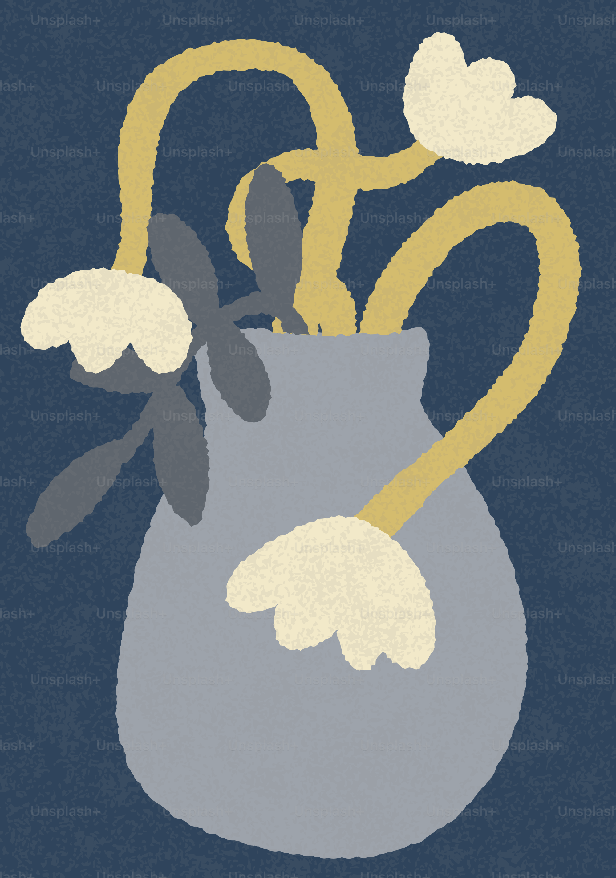 Abstract vase with yellow stems and white flowers