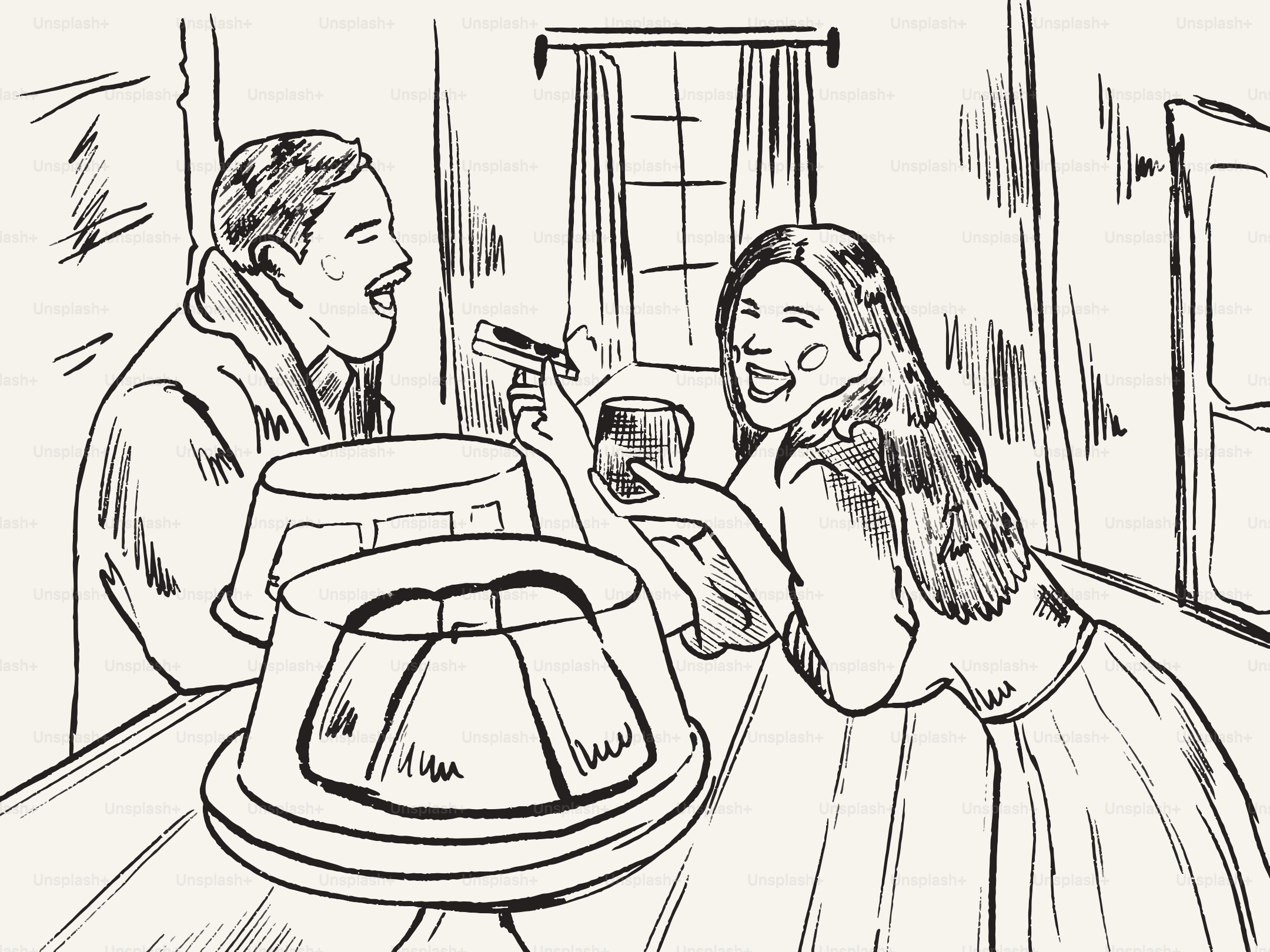 Couple laughing together at a table