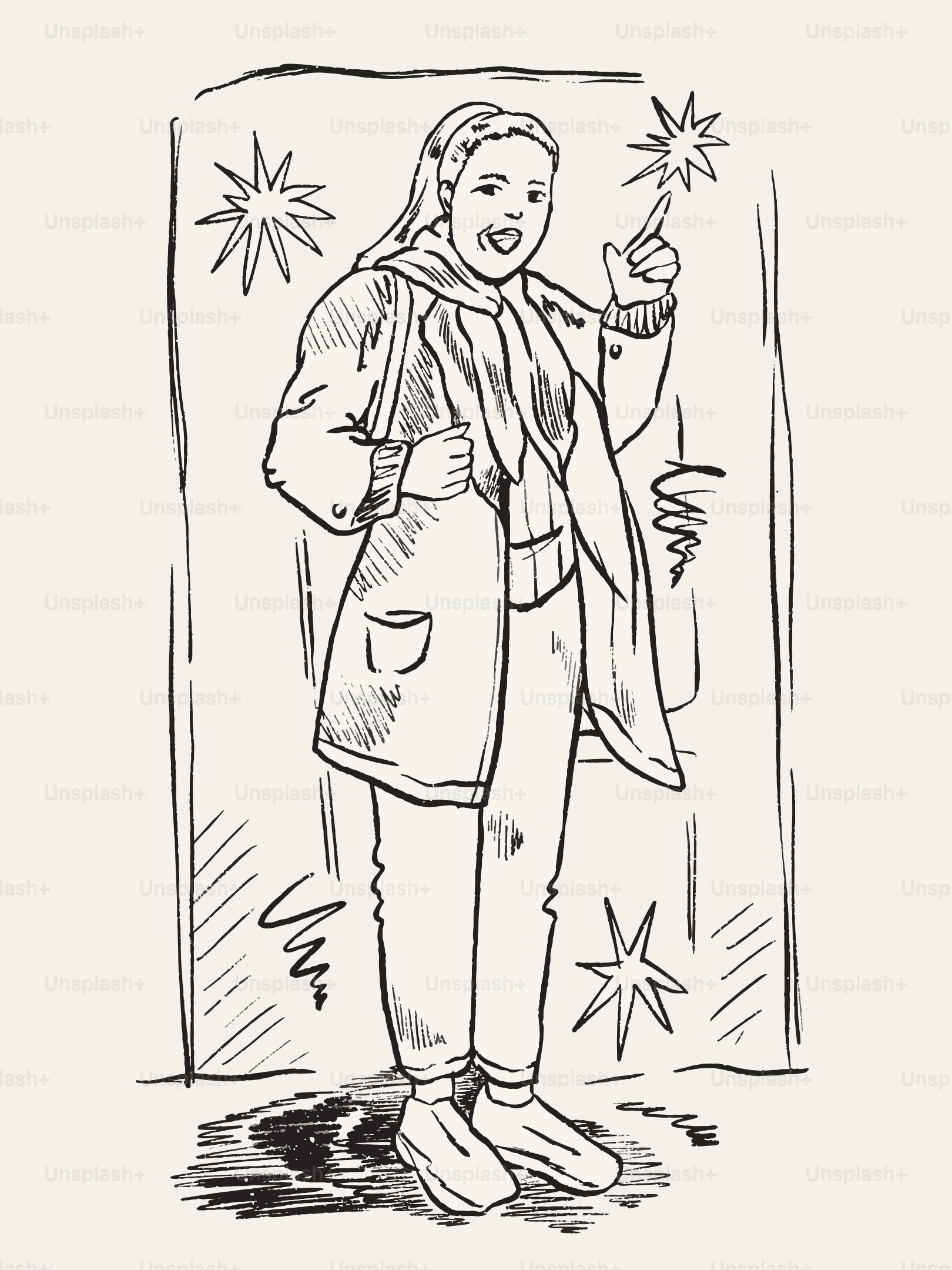 A person in a coat and scarf with stars.