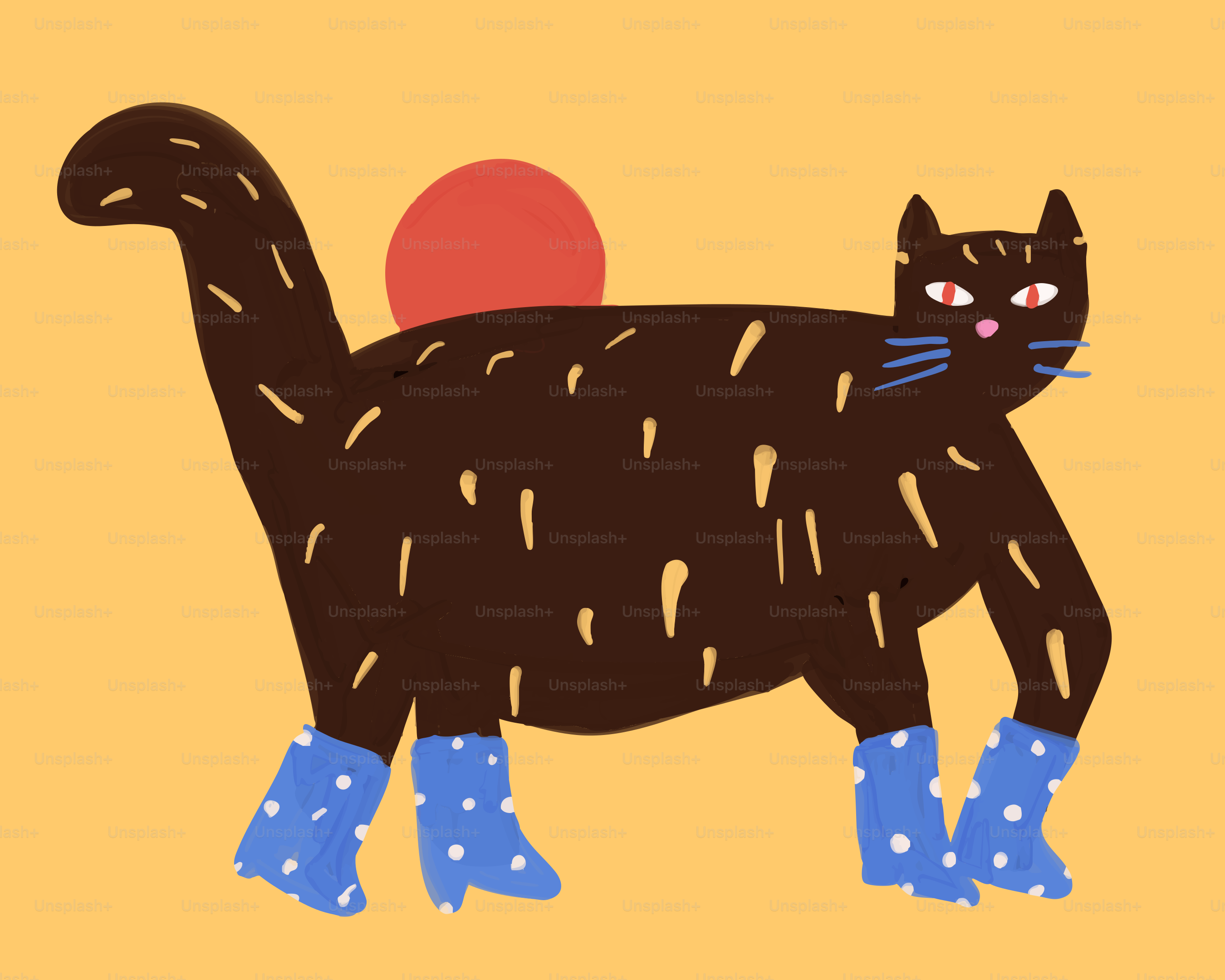 A brown cat wearing blue spotted boots