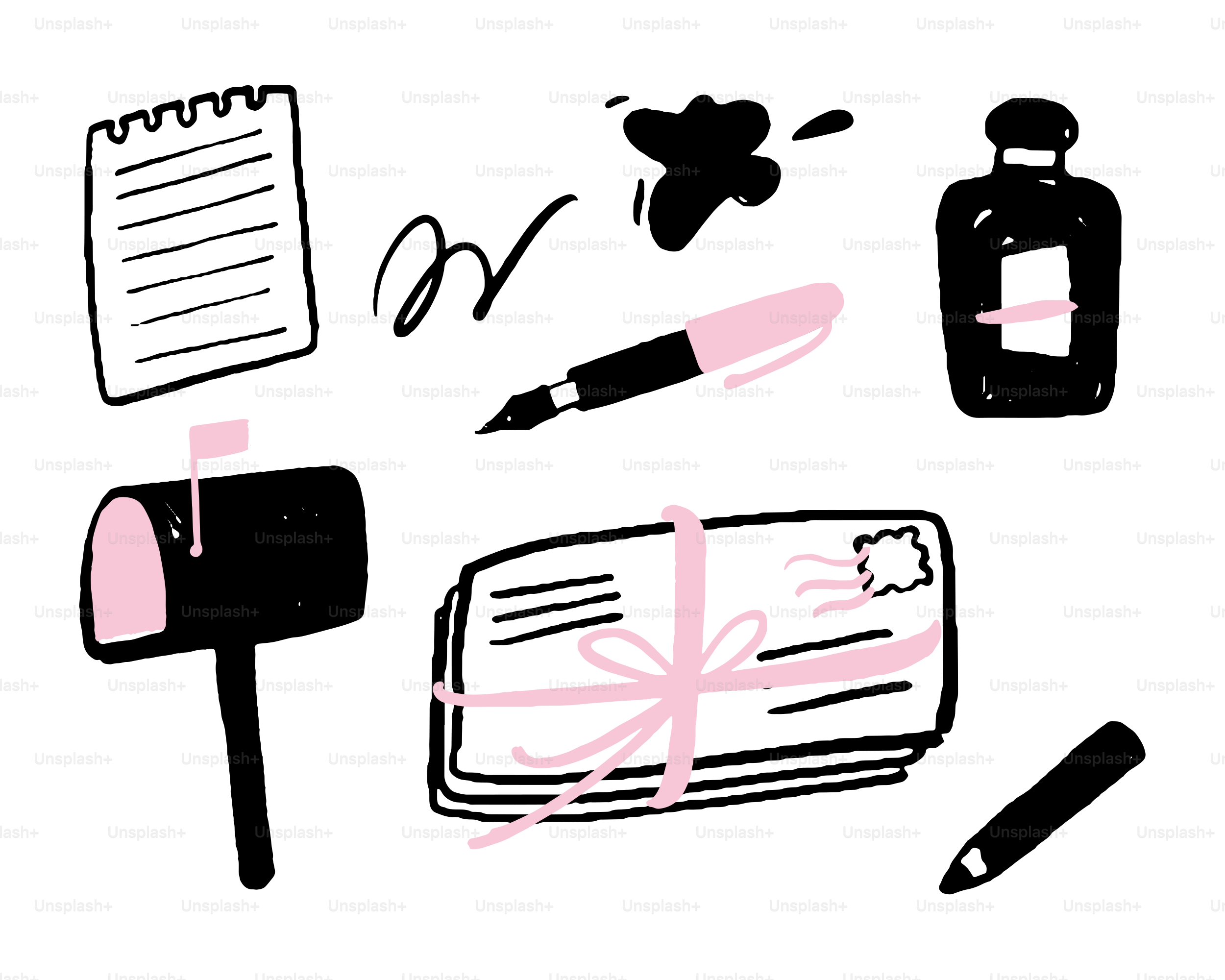 Mailbox, letters, pen, ink, and notepad doodles