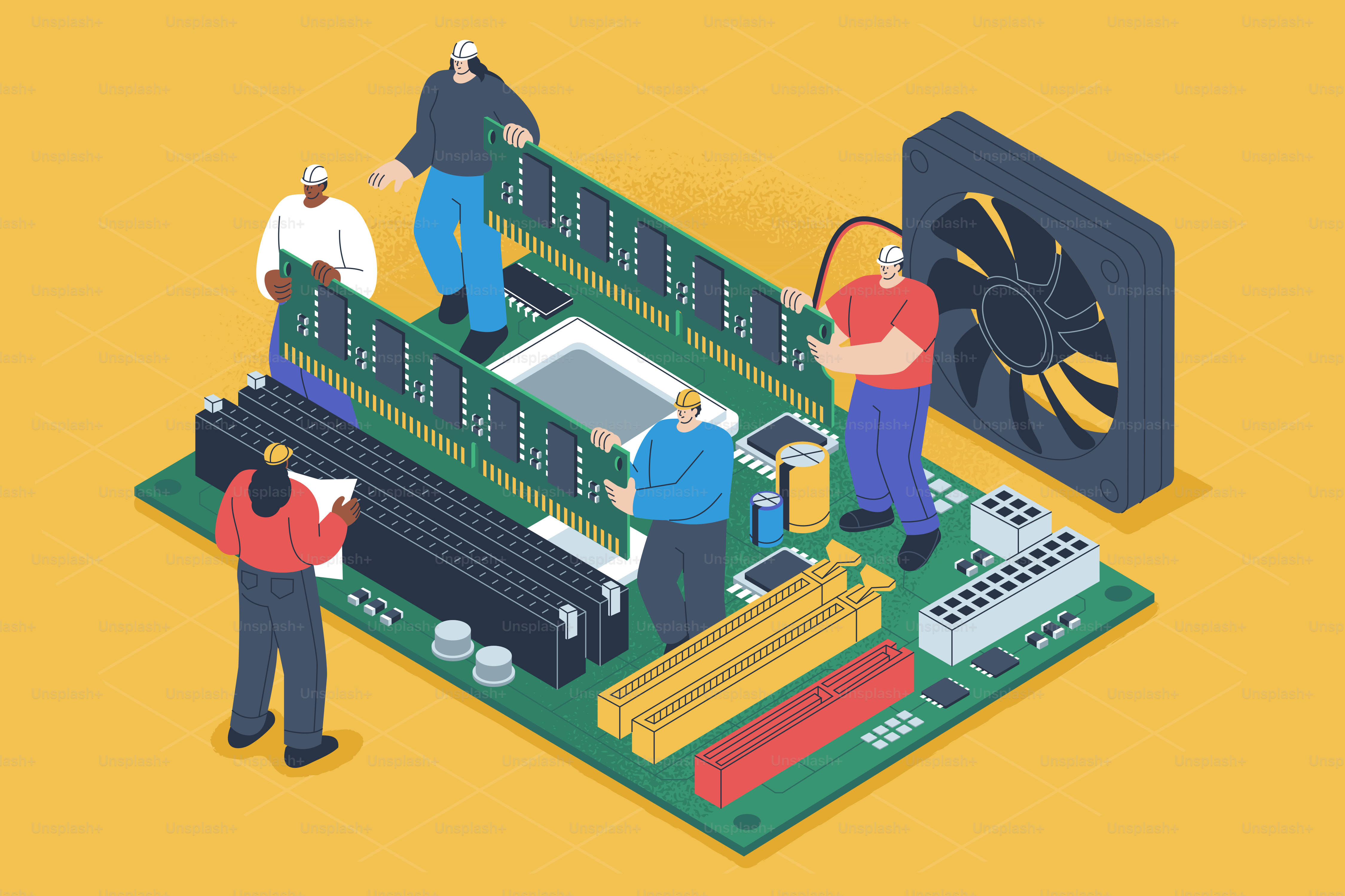 People assembling a computer motherboard with ram sticks.