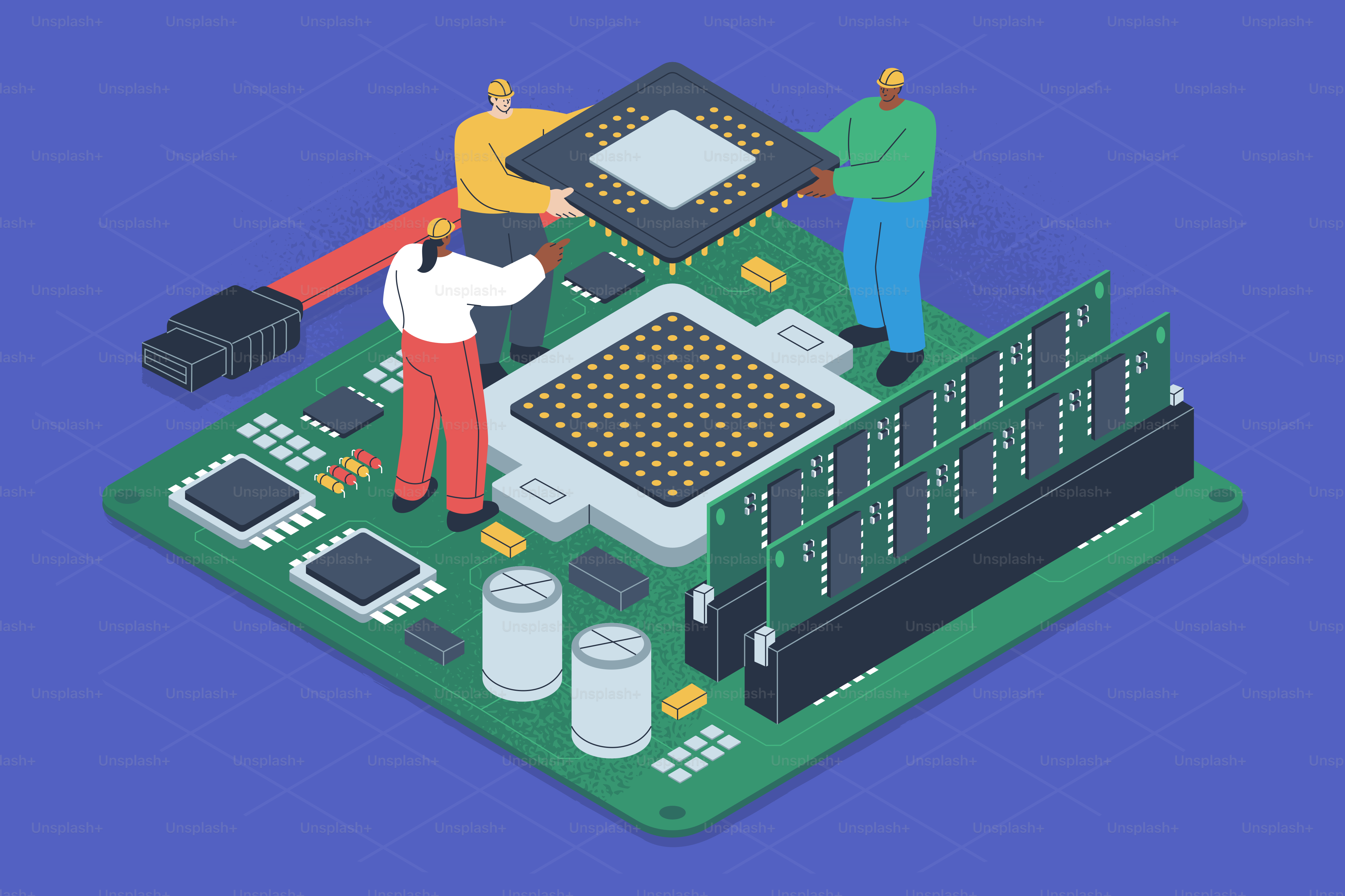 Three people assembling a computer motherboard with components.