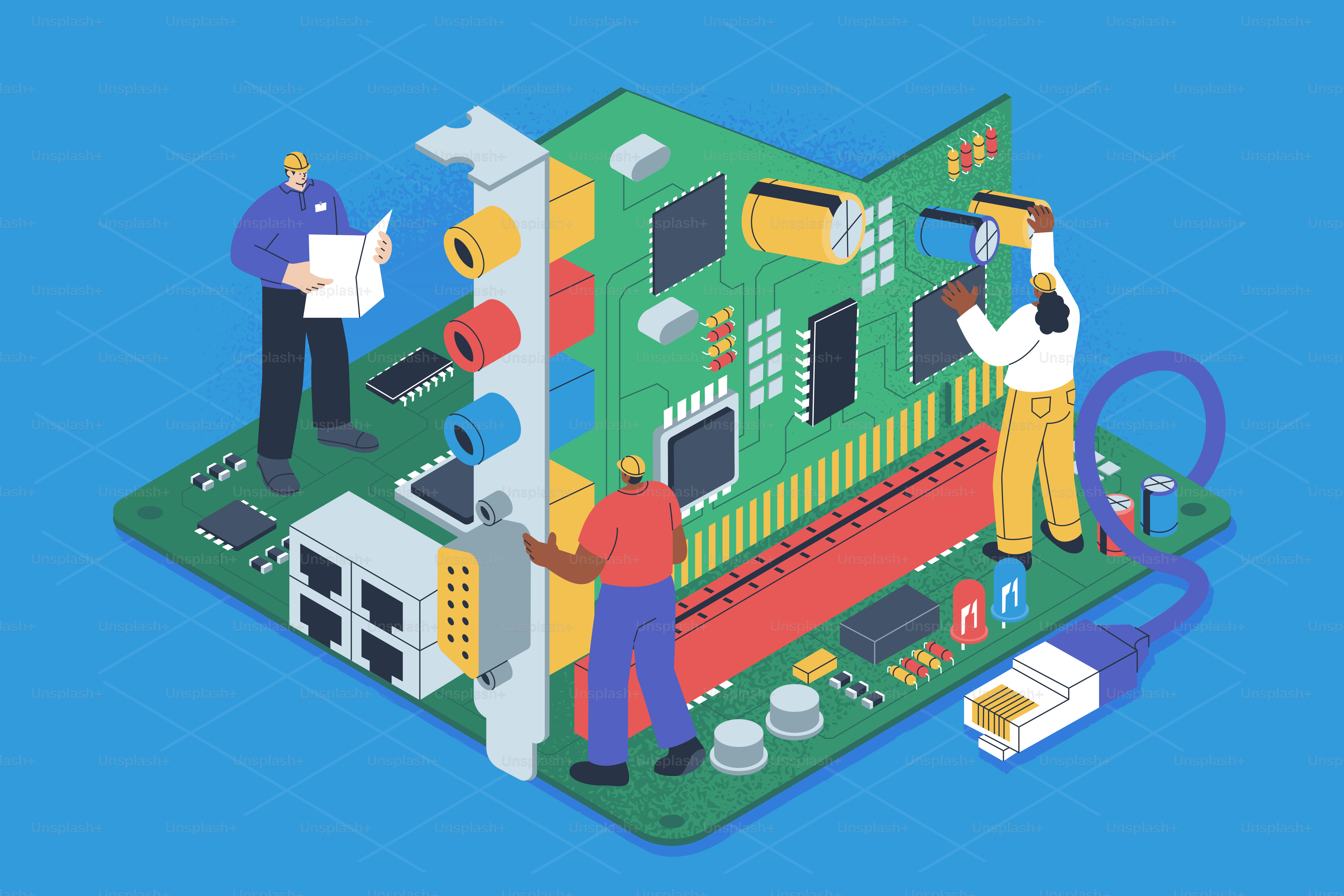 People assembling a computer circuit board with tools.
