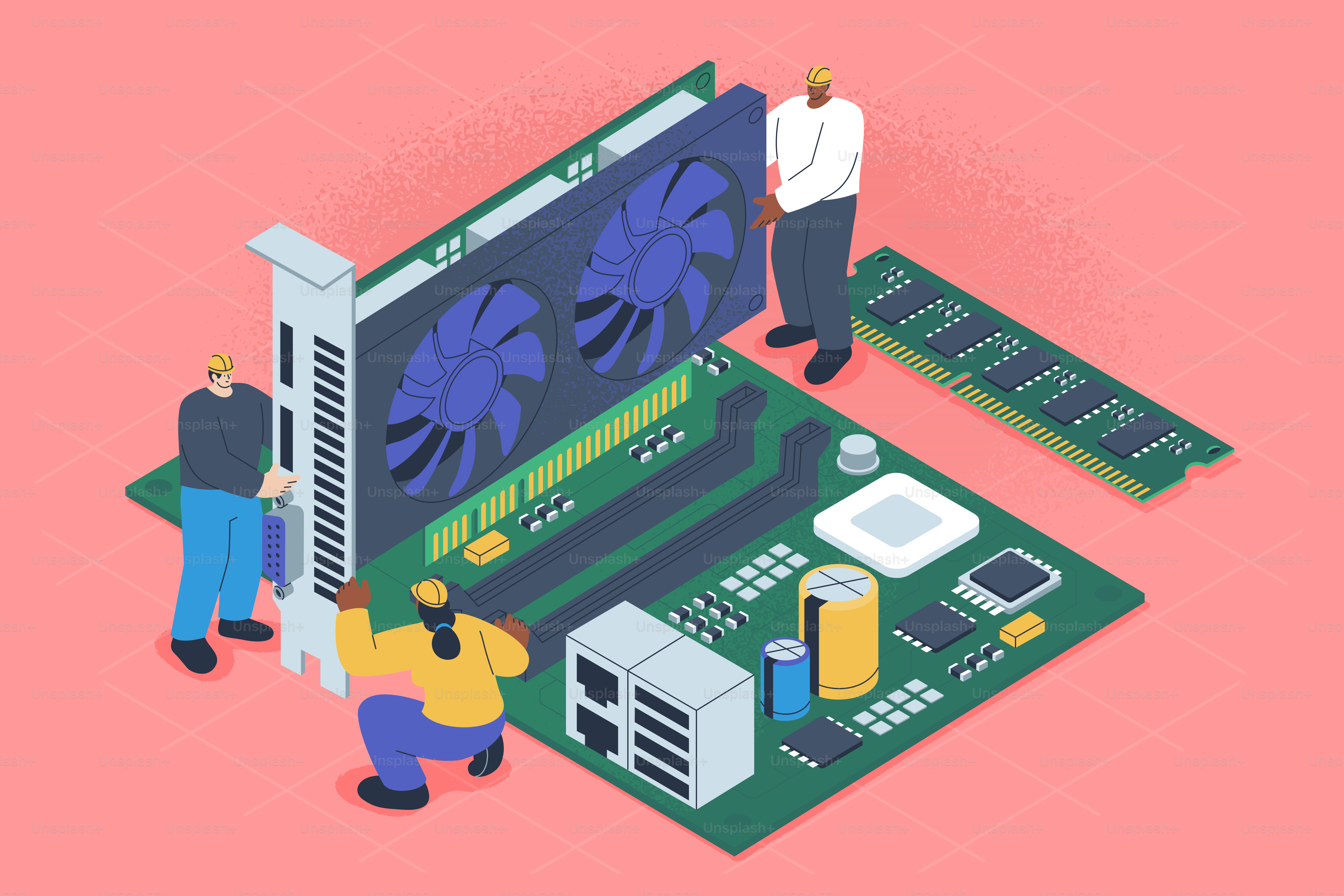 People assembling a computer motherboard and graphics card.