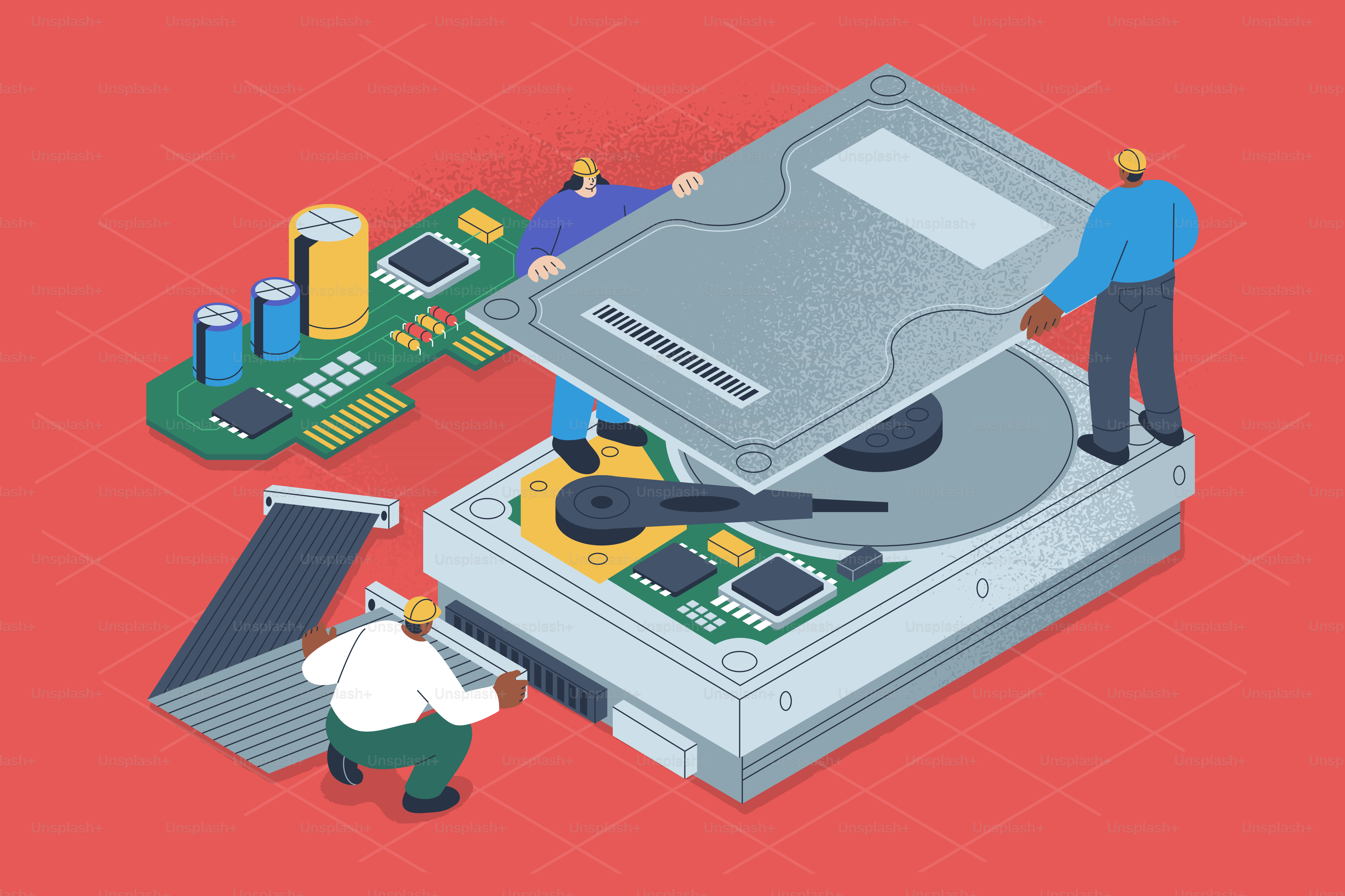 People assembling a computer hard drive with components.