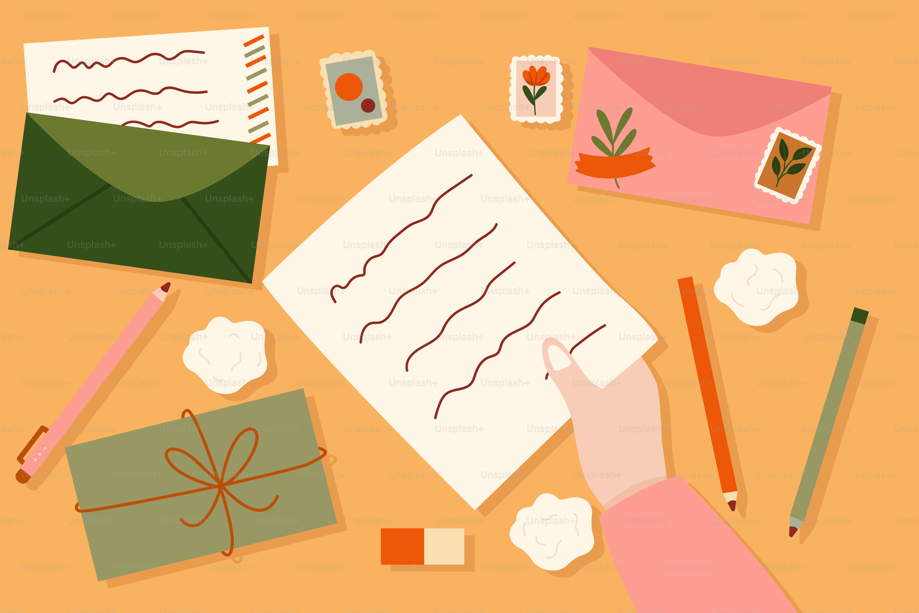 Escrever uma carta à mão em uma mesa com envelopes.