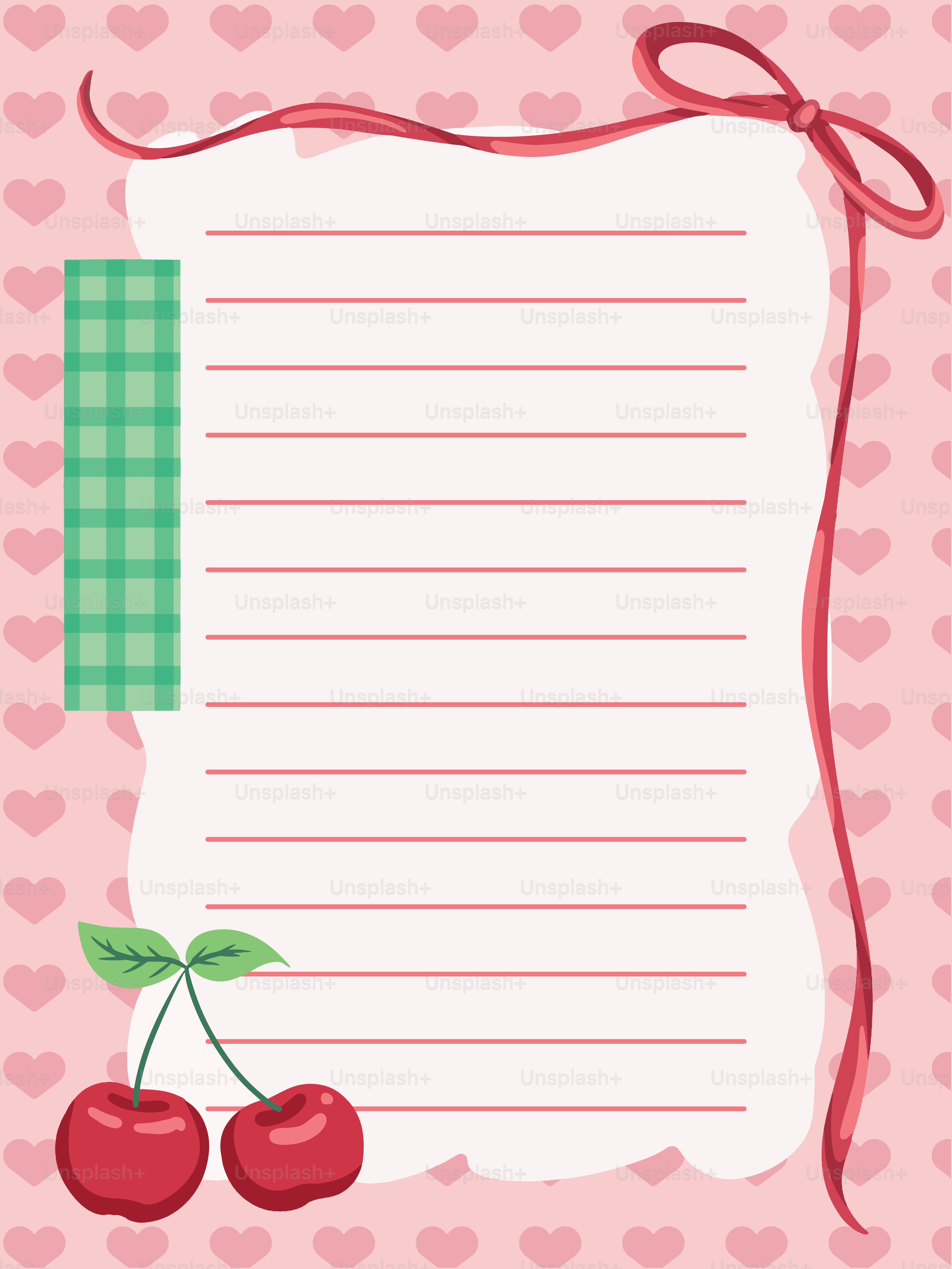 Pink hearts background with cherries and ribbon