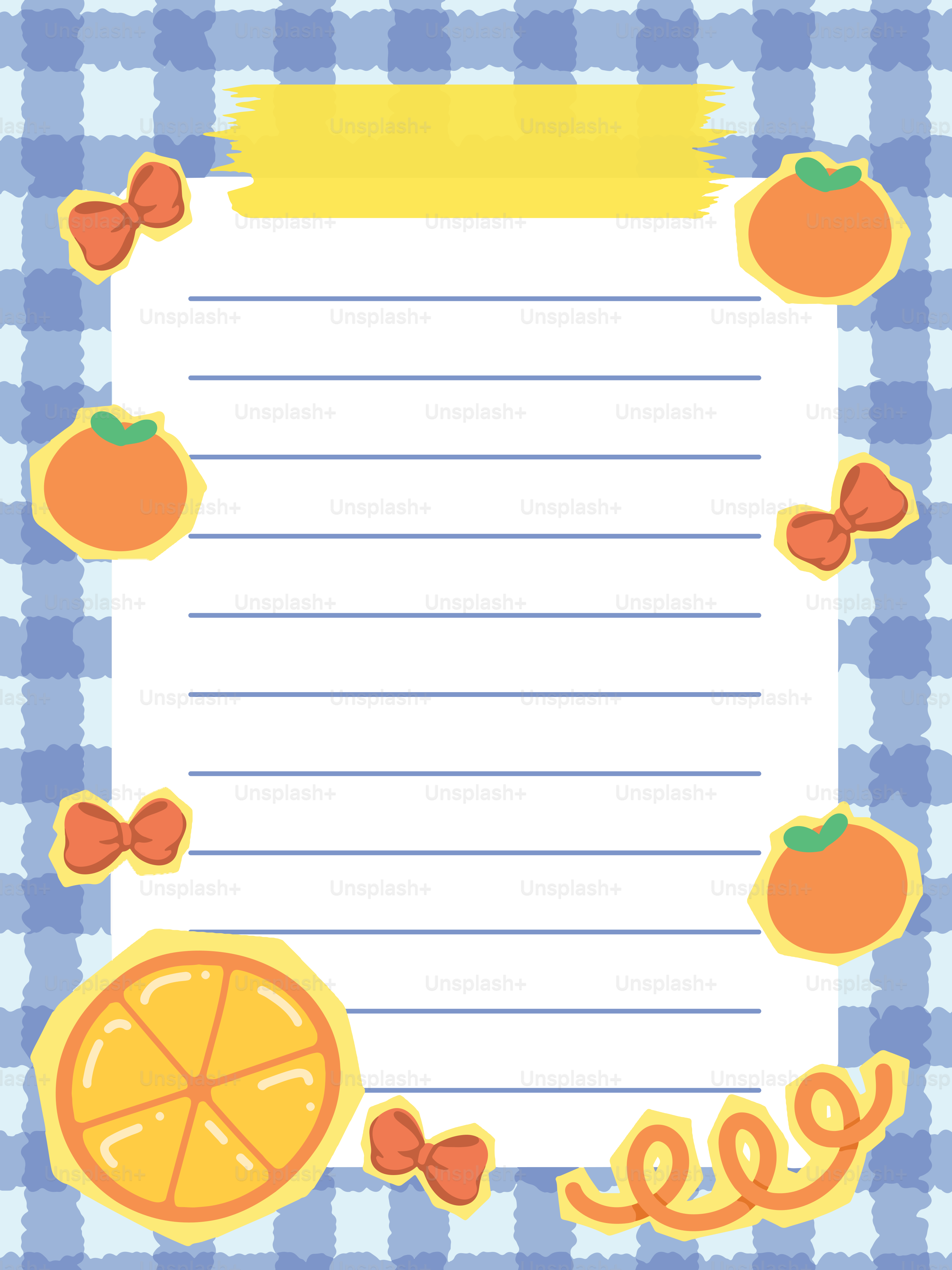 Blue checkered notepad with orange fruit and bow decorations