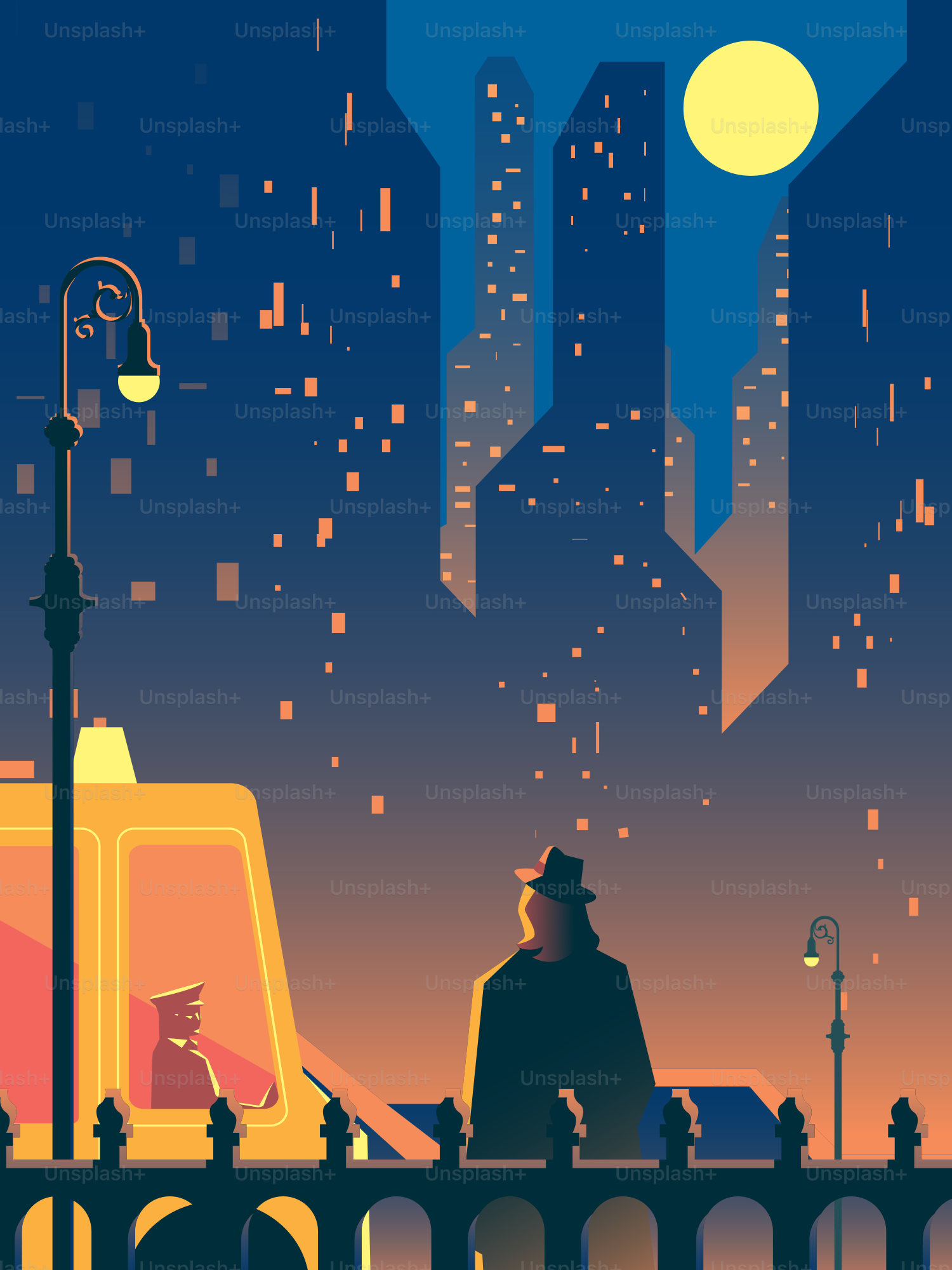 帽子をかぶった男が夜に黄色い車のそばに立っている。