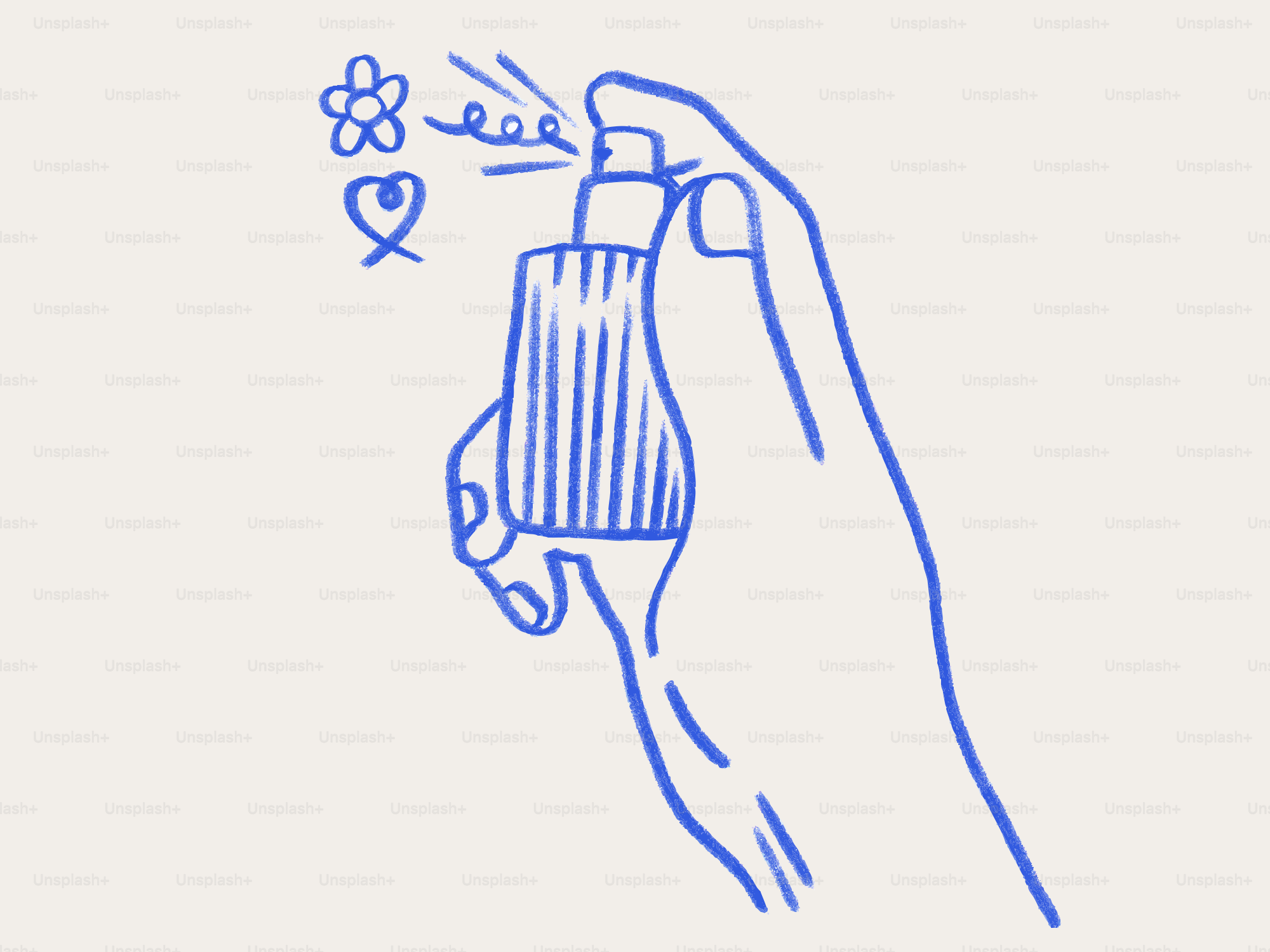 Hand spraying perfume with flower and heart doodles