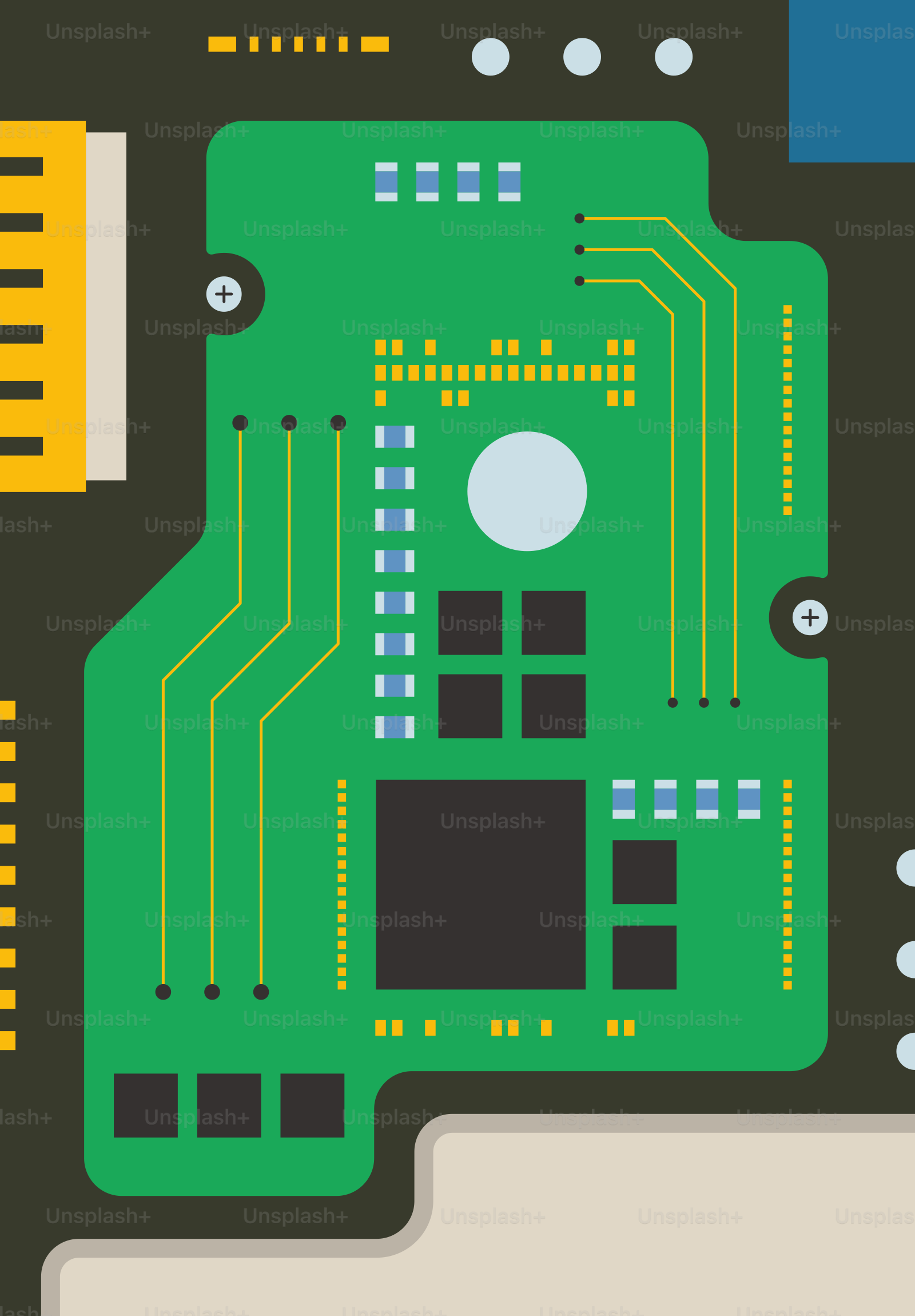 Close-up of a green circuit board with components.