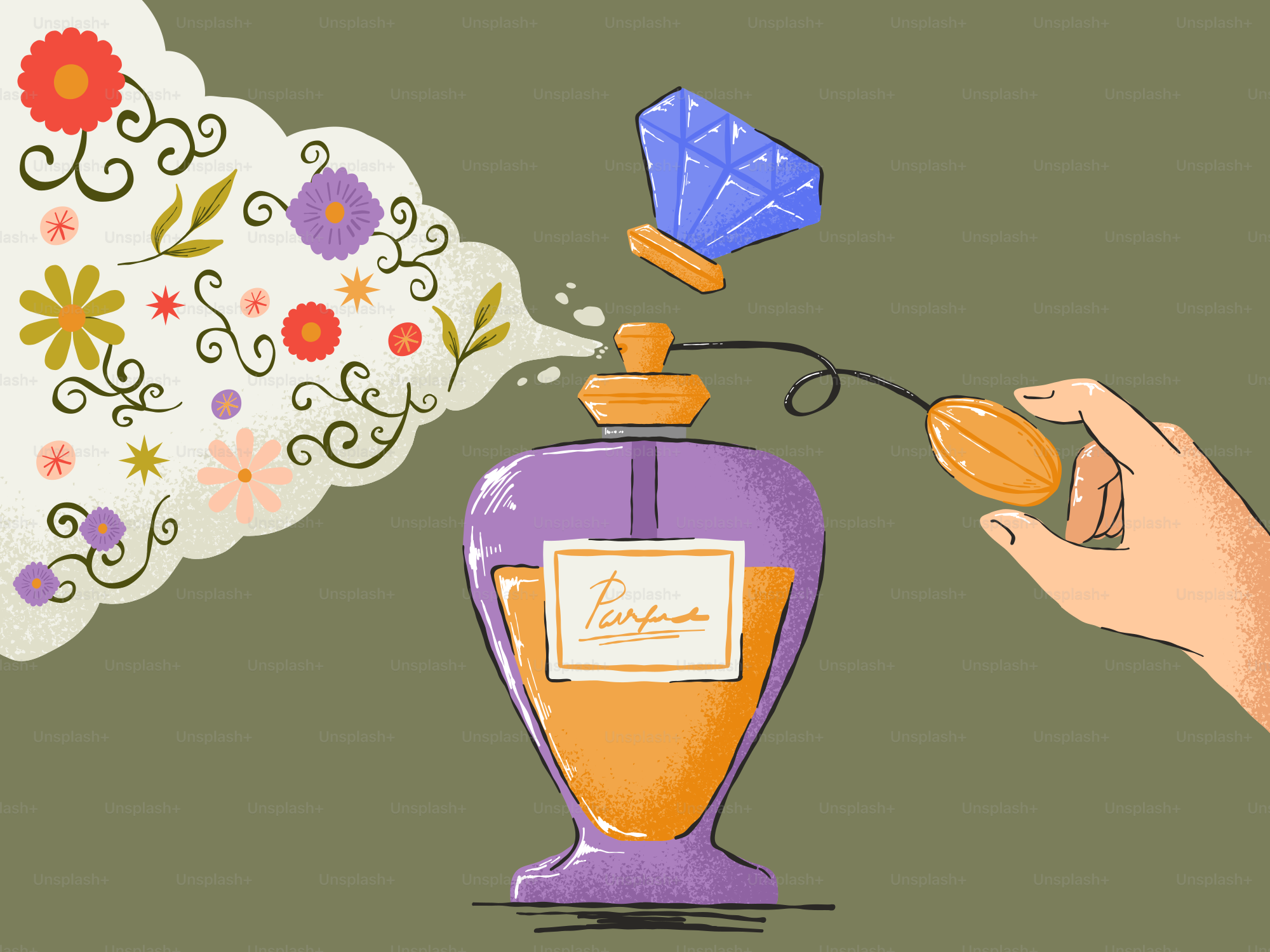 Perfume bottle spraying floral scent with hand pressing atomizer