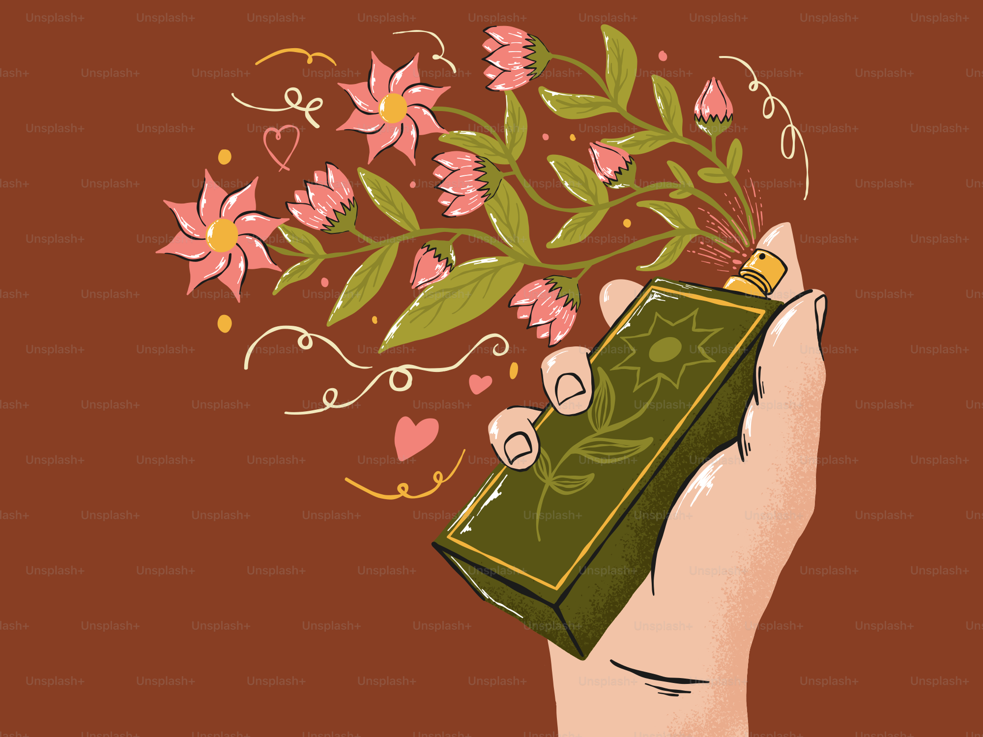 Hand holding a perfume bottle releasing flowers