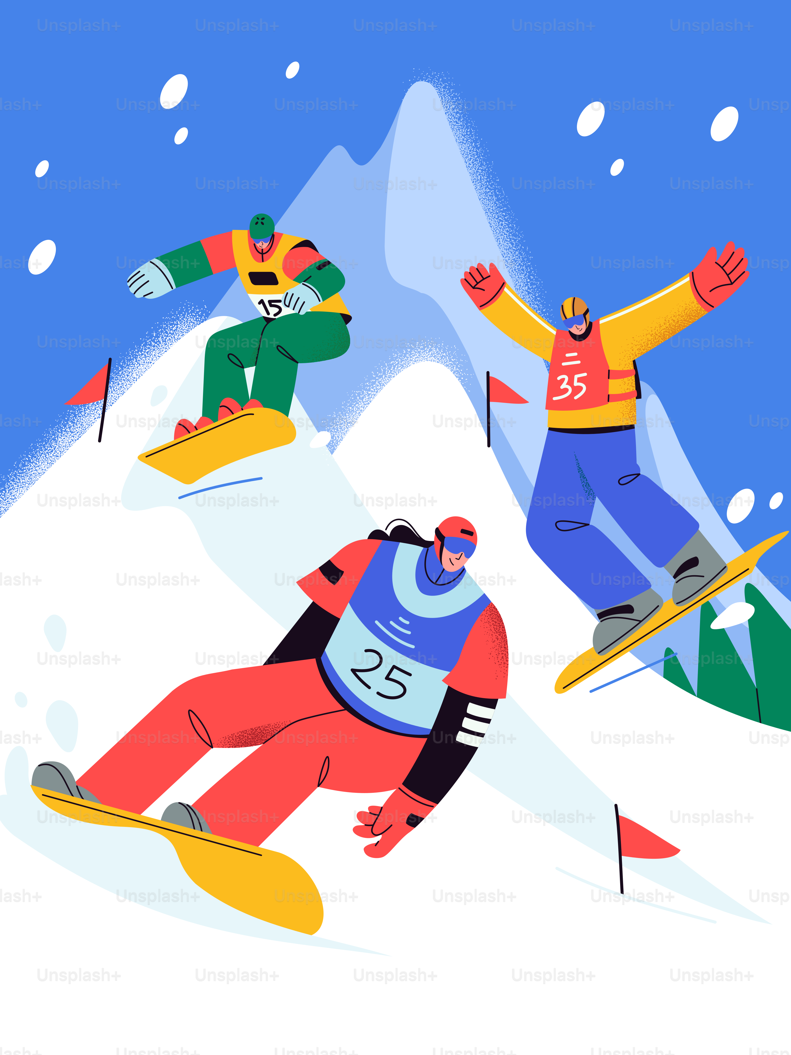 Three snowboarders racing down a snowy mountain.