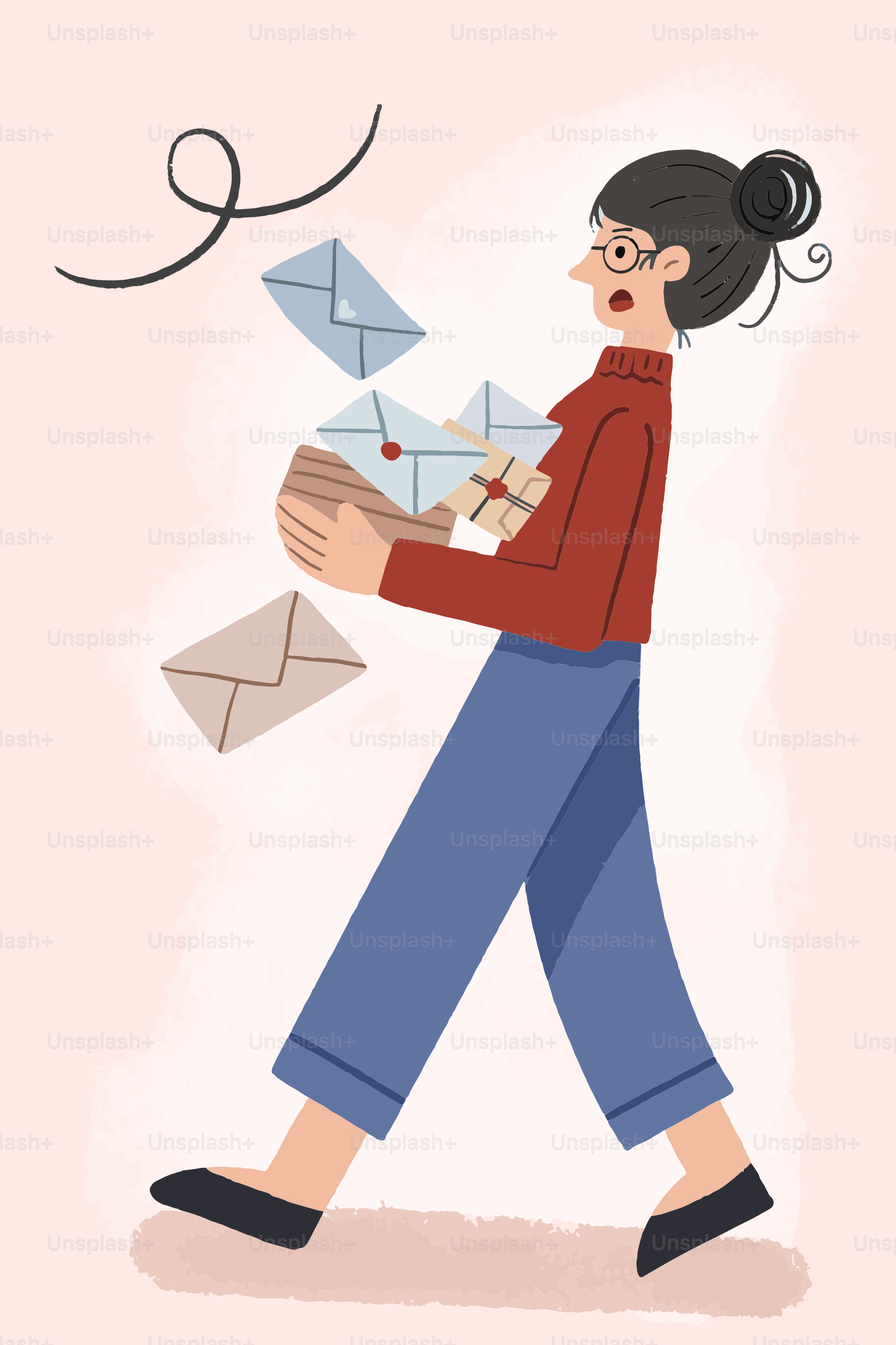 Donna che trasporta una scatola di lettere e pacchi