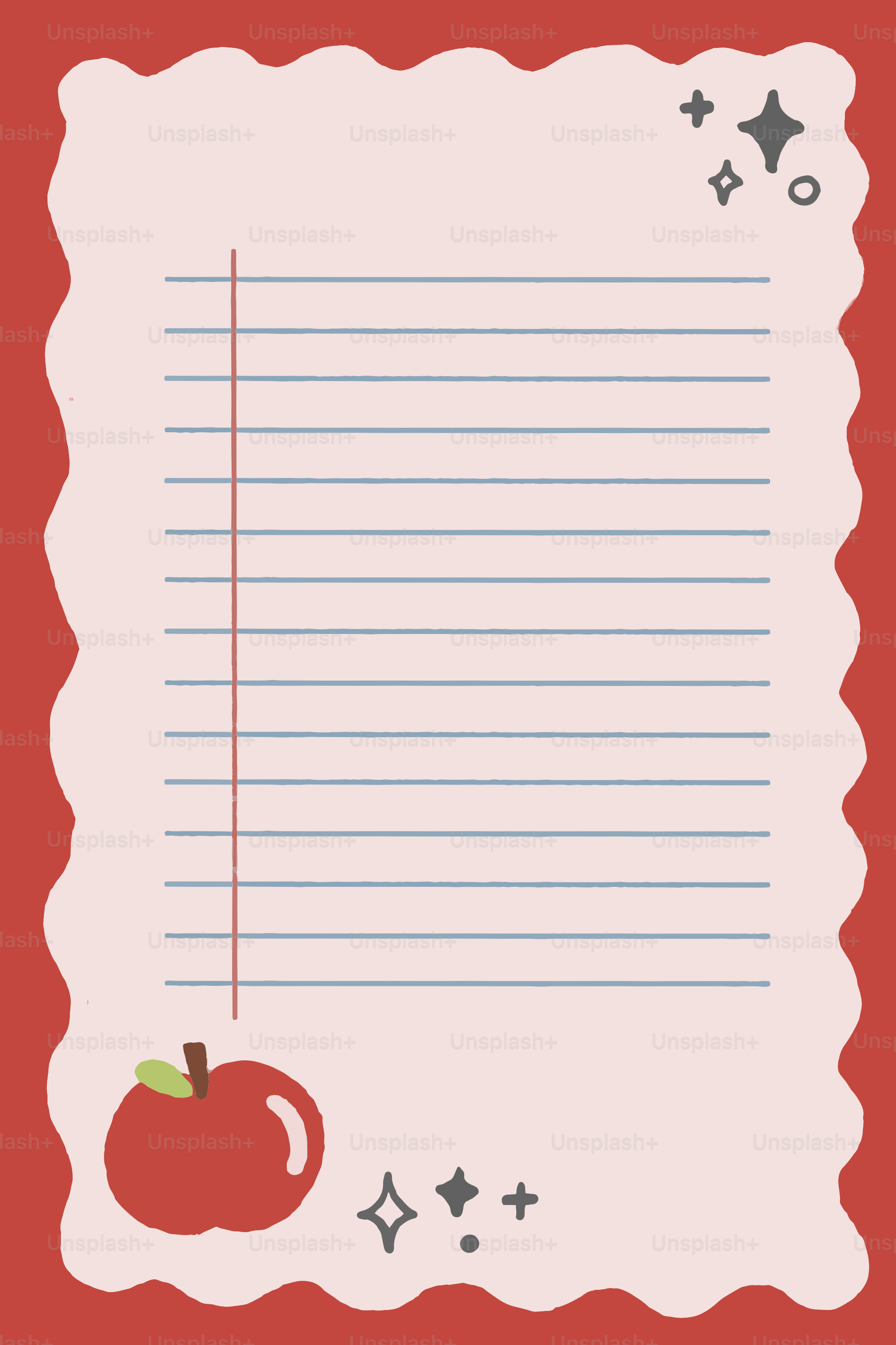 Red apple on lined paper with decorative stars