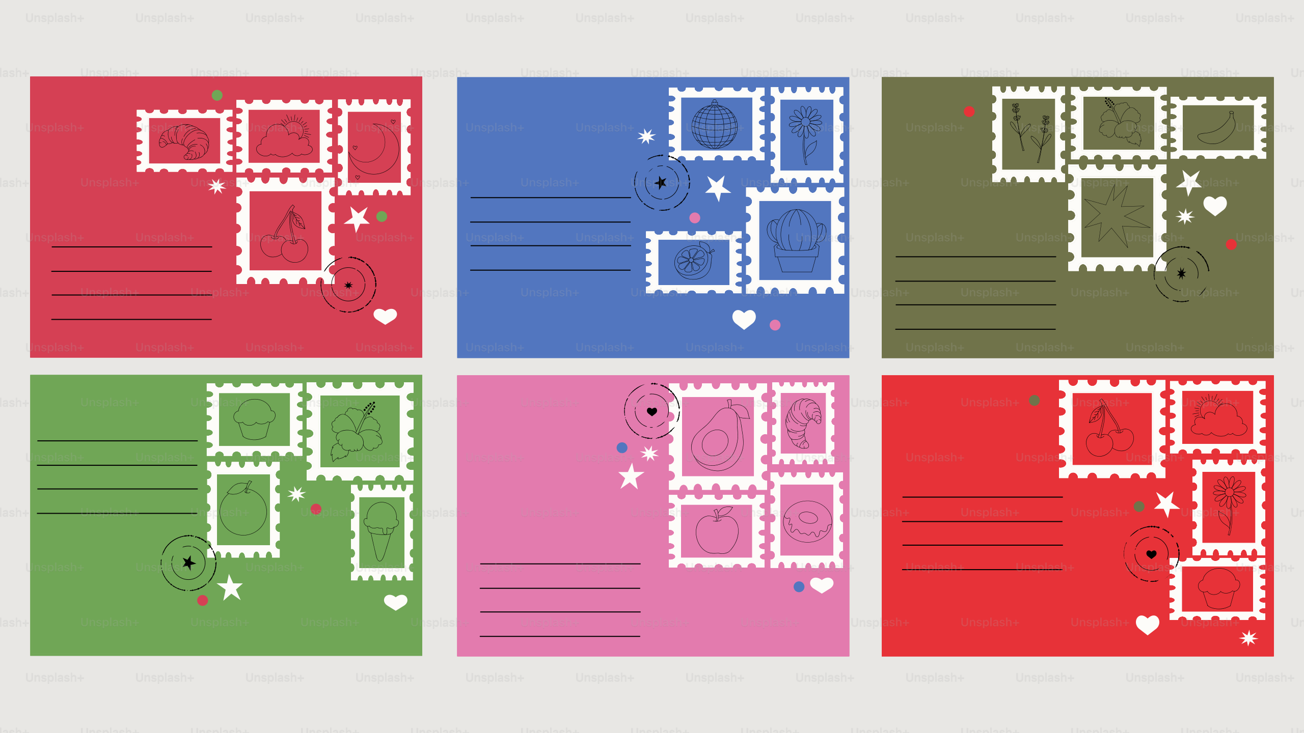 Six colorful postcards with stamp frames and hearts