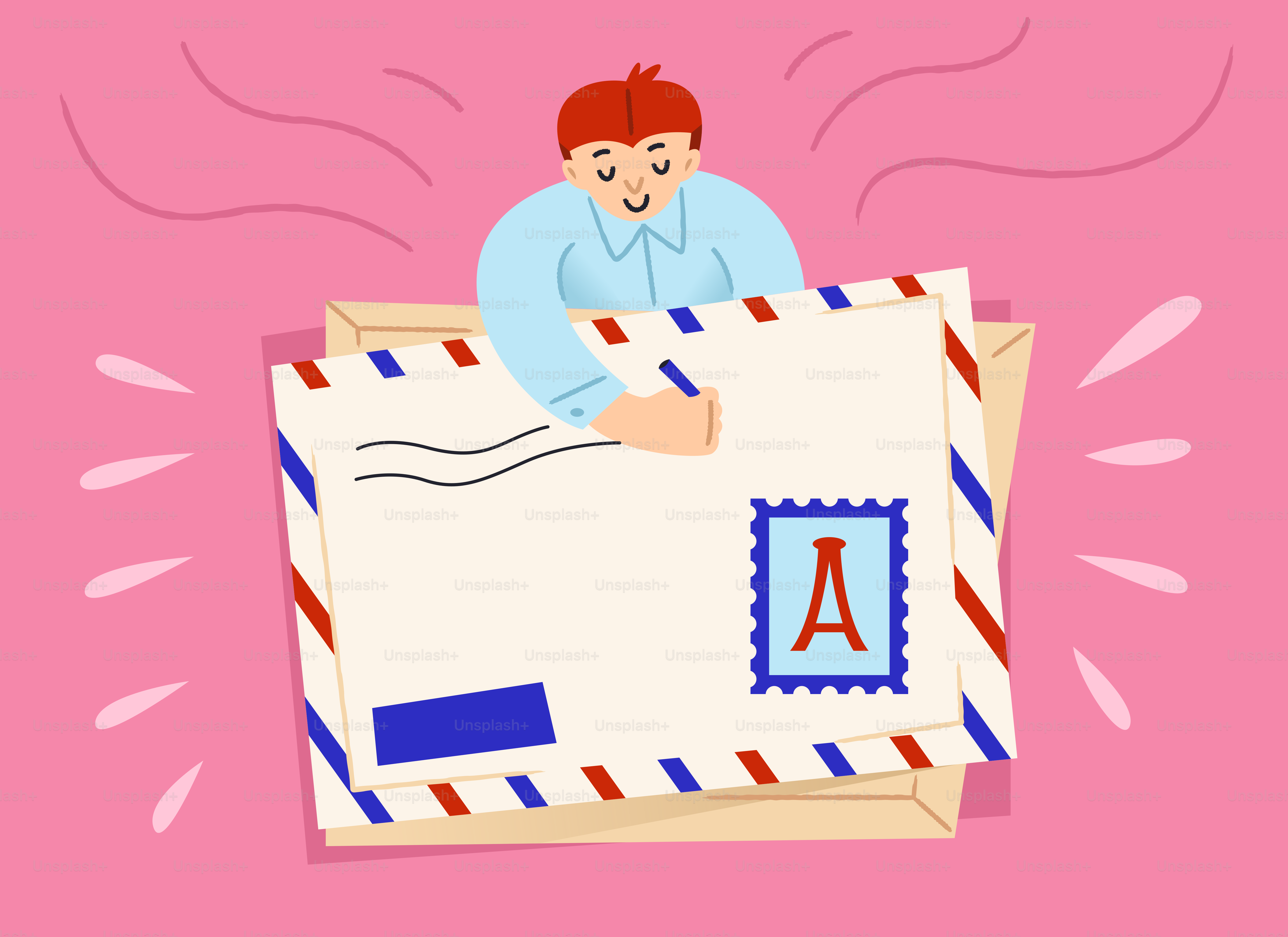 Man hugging large envelopes with stamps