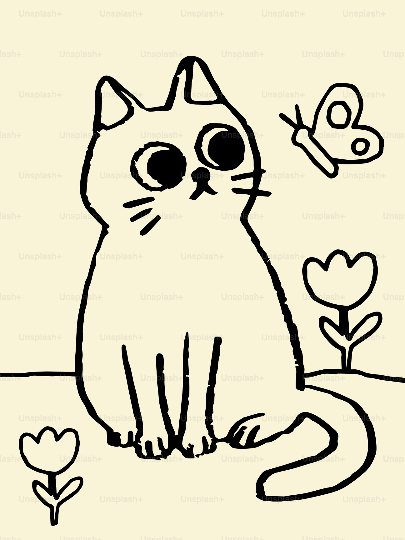 A cartoon cat sits near flowers with a butterfly.