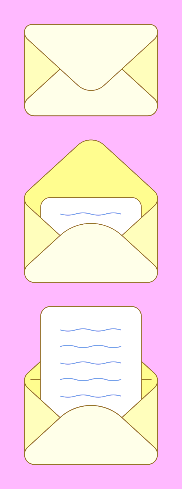 Three yellow envelopes with letters on pink background