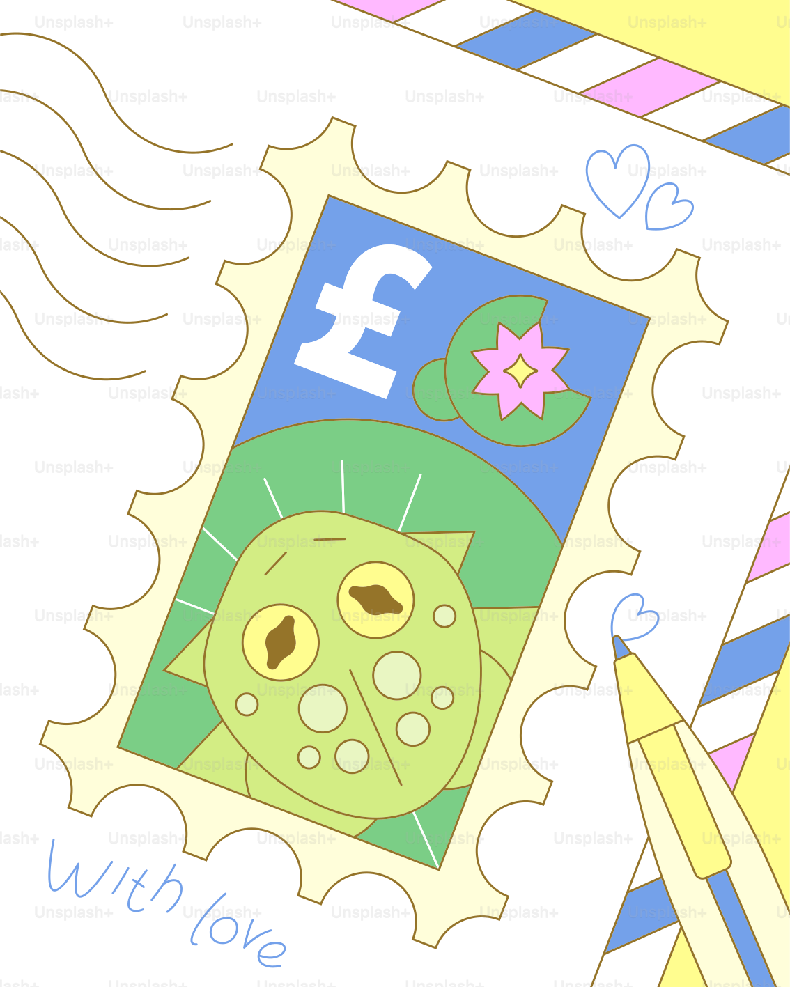 Stamp with frog, lily pad, and pound symbol.