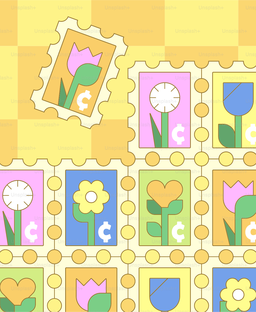 Colorful floral postage stamps on a checkered background.