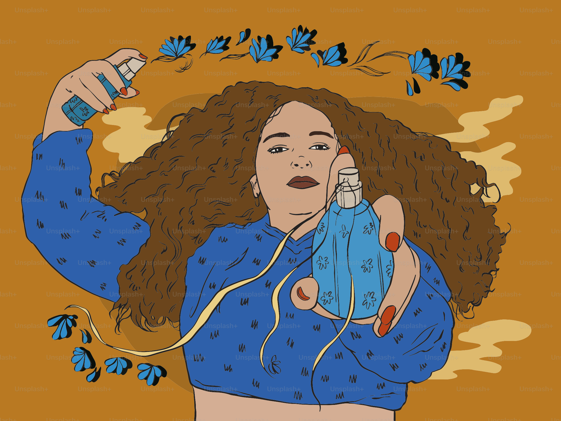 Mulher borrifando perfume com flores azuis e fumaça