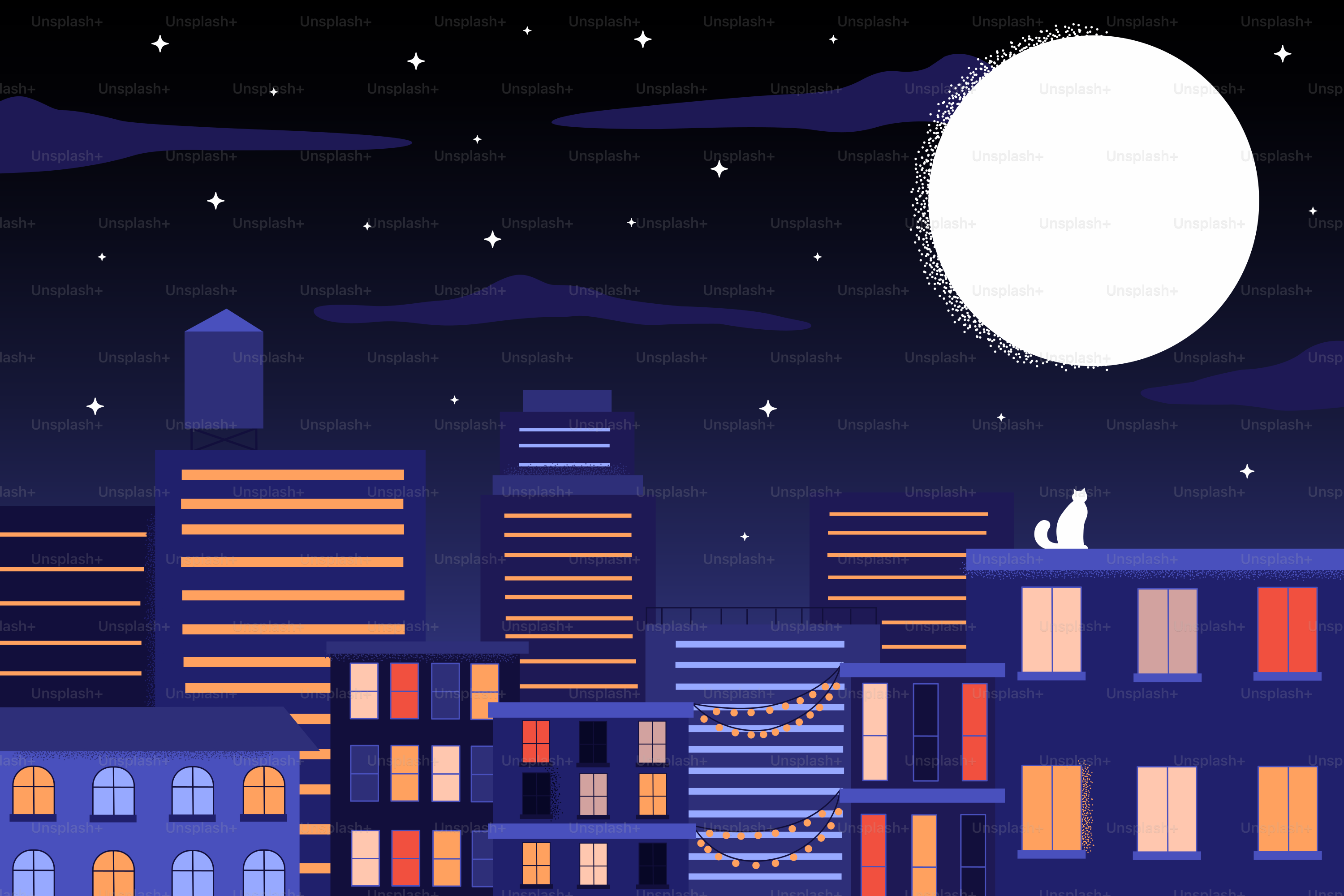 A cat sits on a rooftop under a large moon.