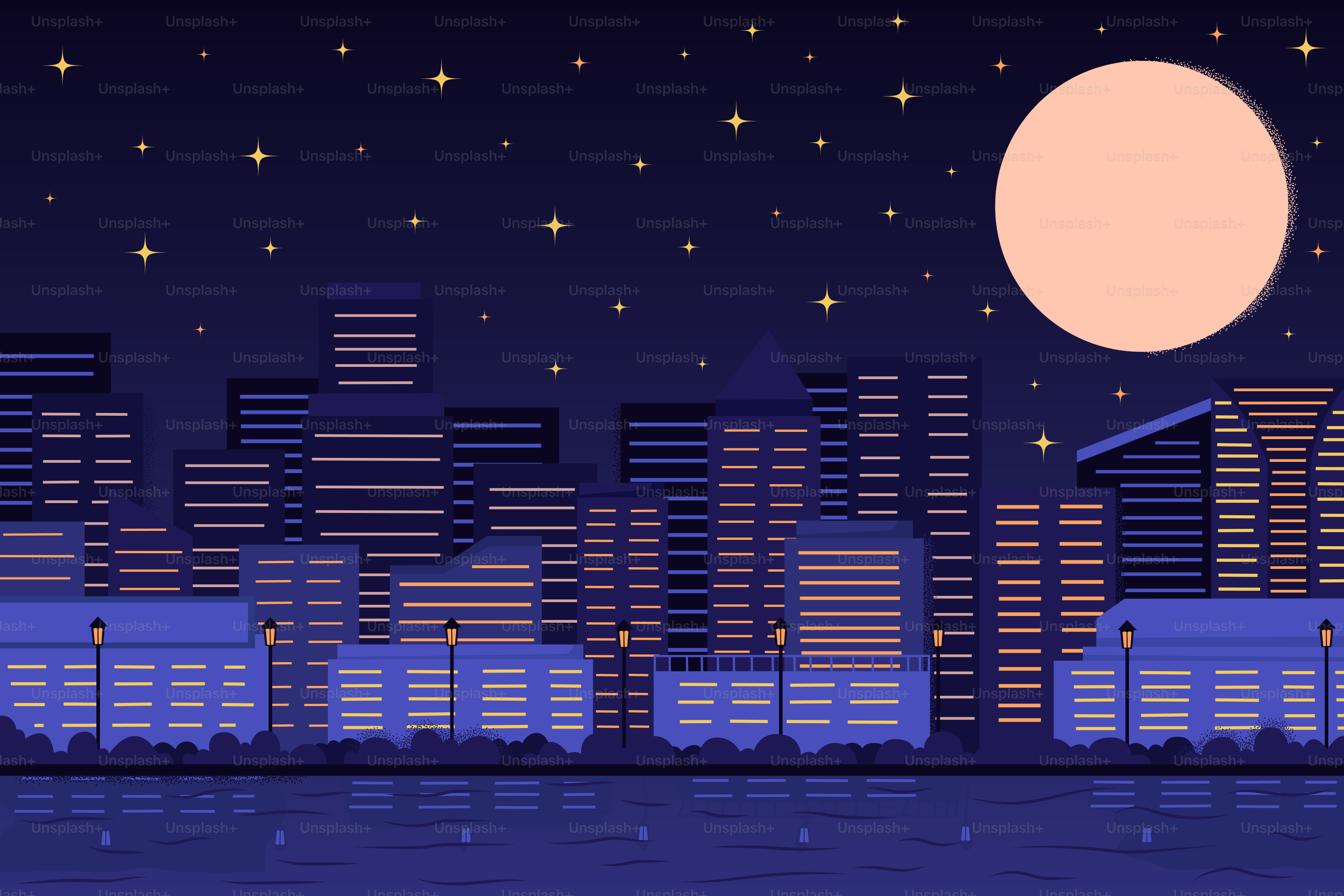 Pixel art cityscape at night with a large moon.