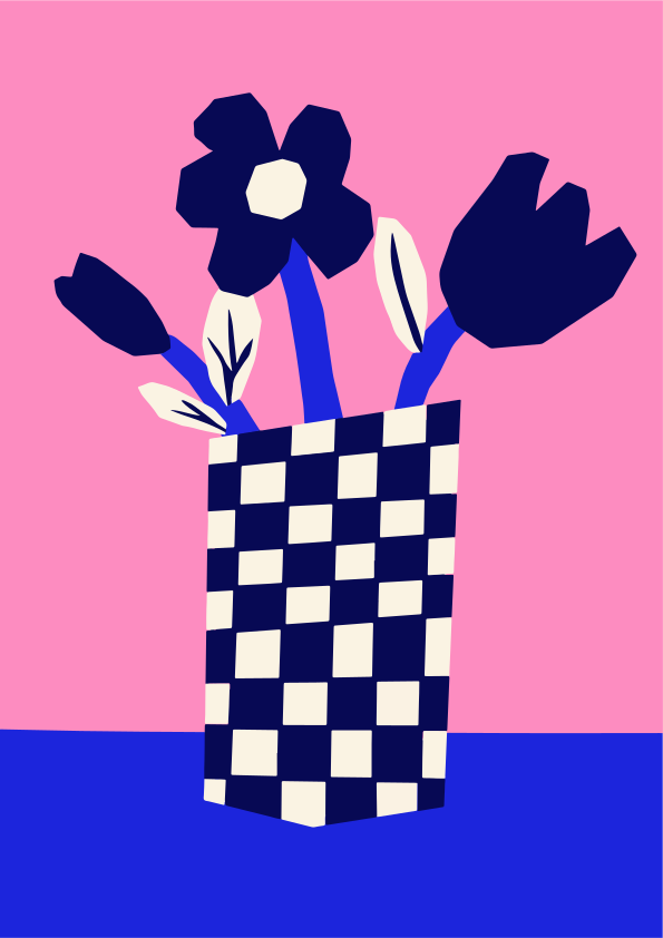 Dark flowers in a checkered vase on pink background